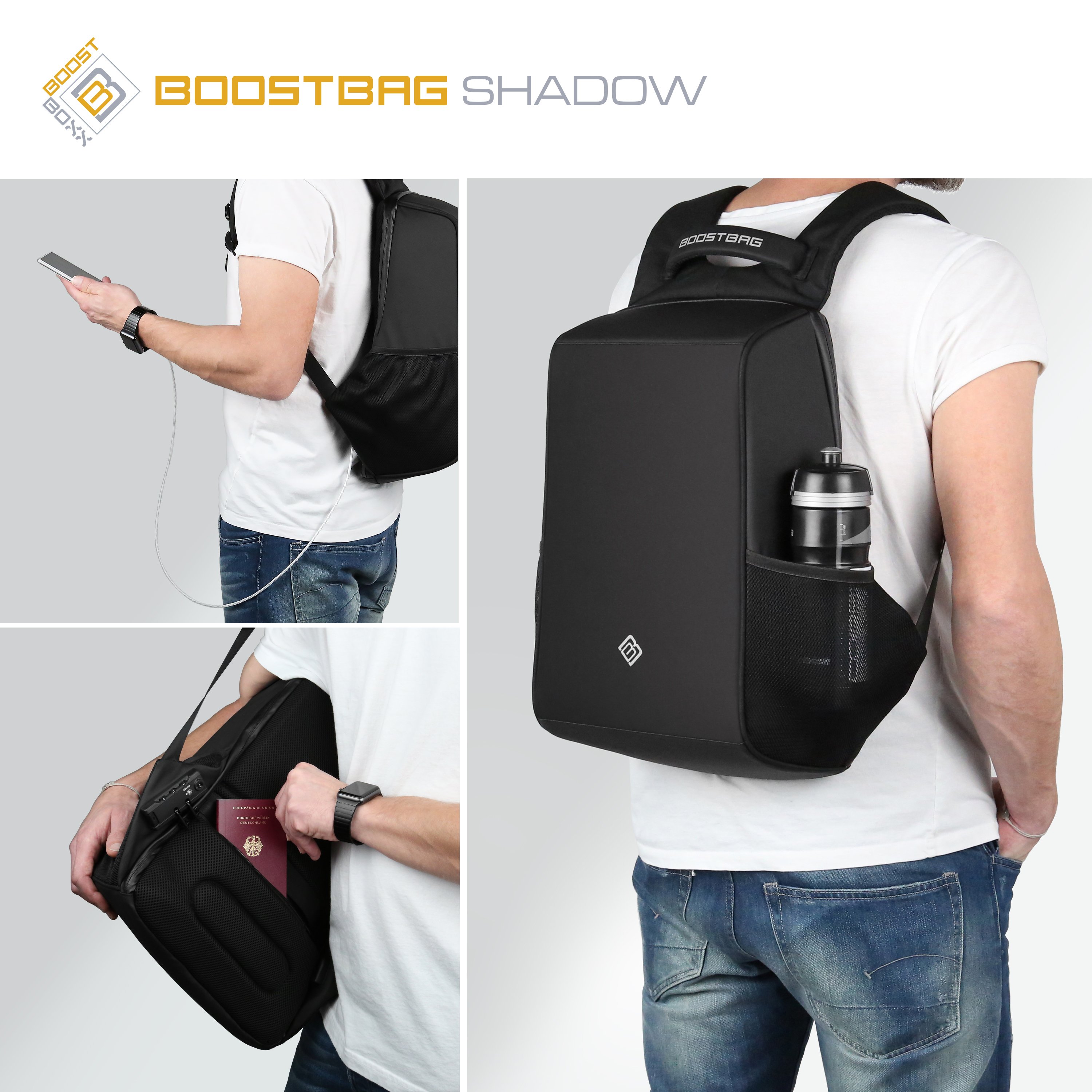 Ein Mann mit einem schwarzen Rucksack, einer Wasserflasche, einem Reisepass und einer Smartwatch.