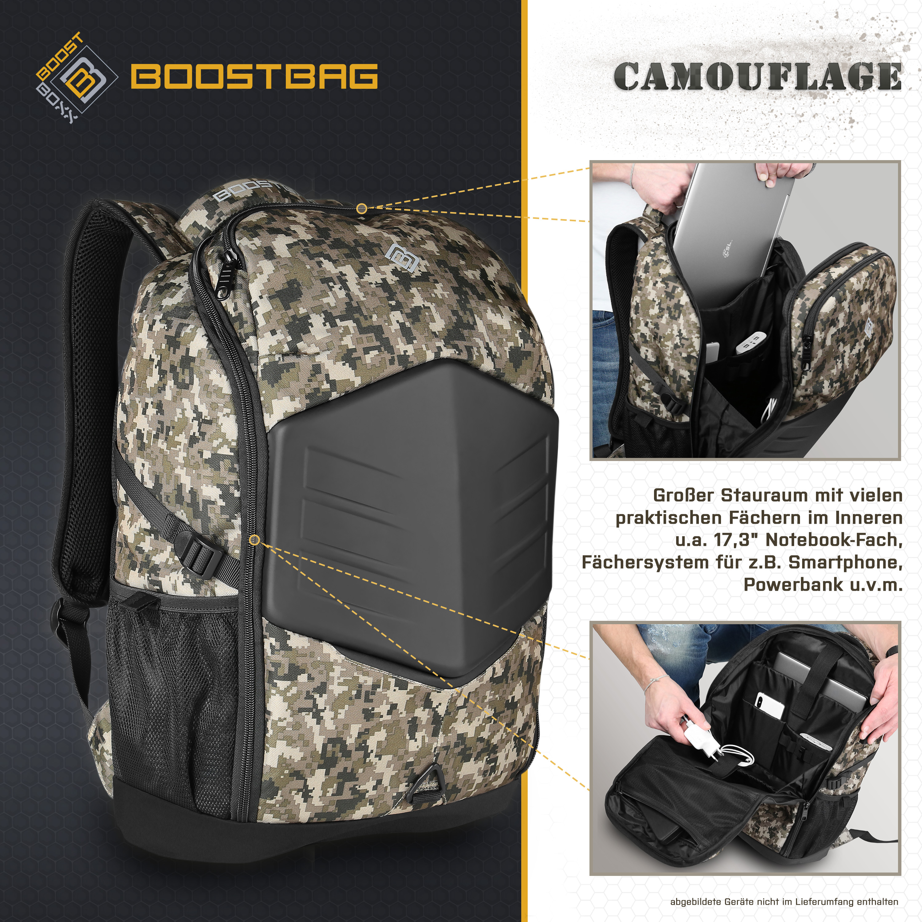 Camouflage-Rucksack mit Fächern, darunter ein Laptop- und ein Telefonfach.