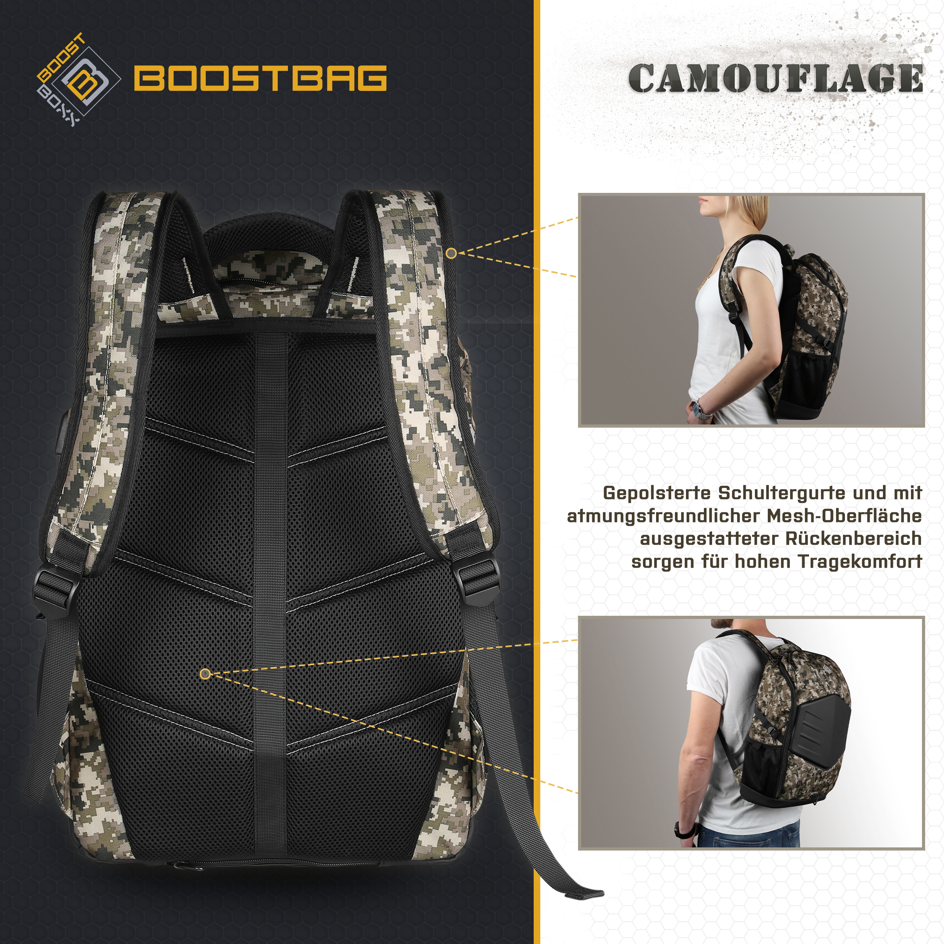 BOOSTBOXX BoostBag Camouflage army Rucksack Materialmix, Notebook-Rucksack Universal für