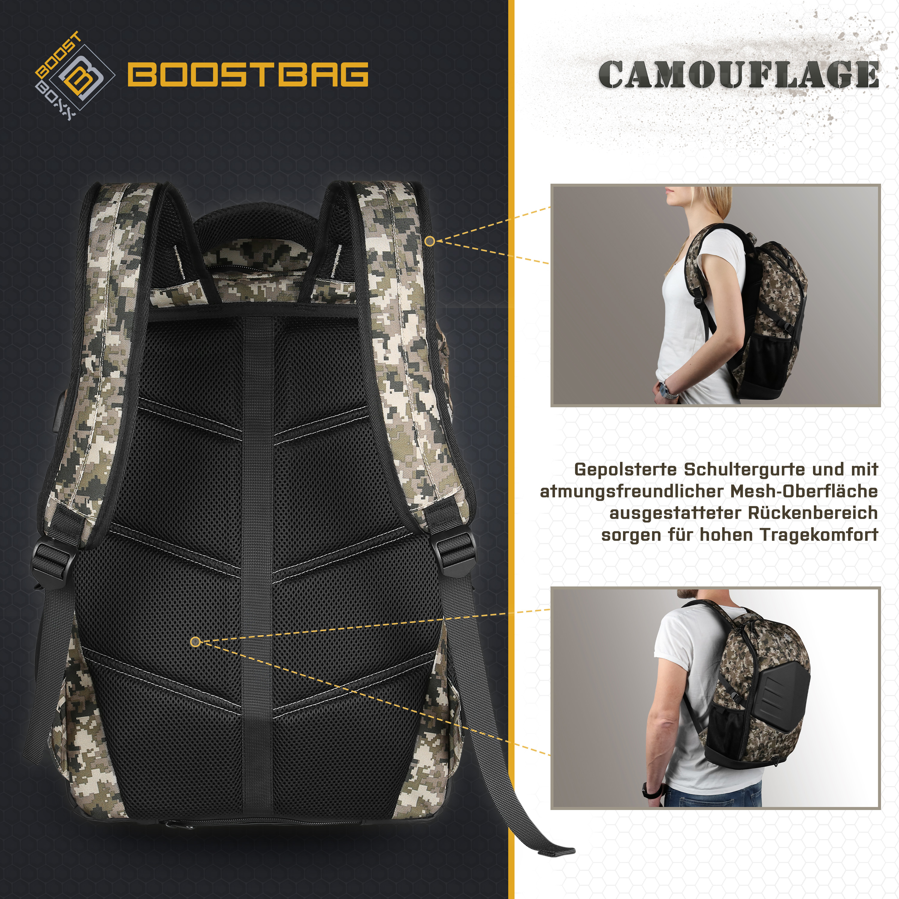 Tarnrucksack mit Text und Illustrationen, die Details wie gepolsterte Schultergurte und Mesh-Rücken zeigen.