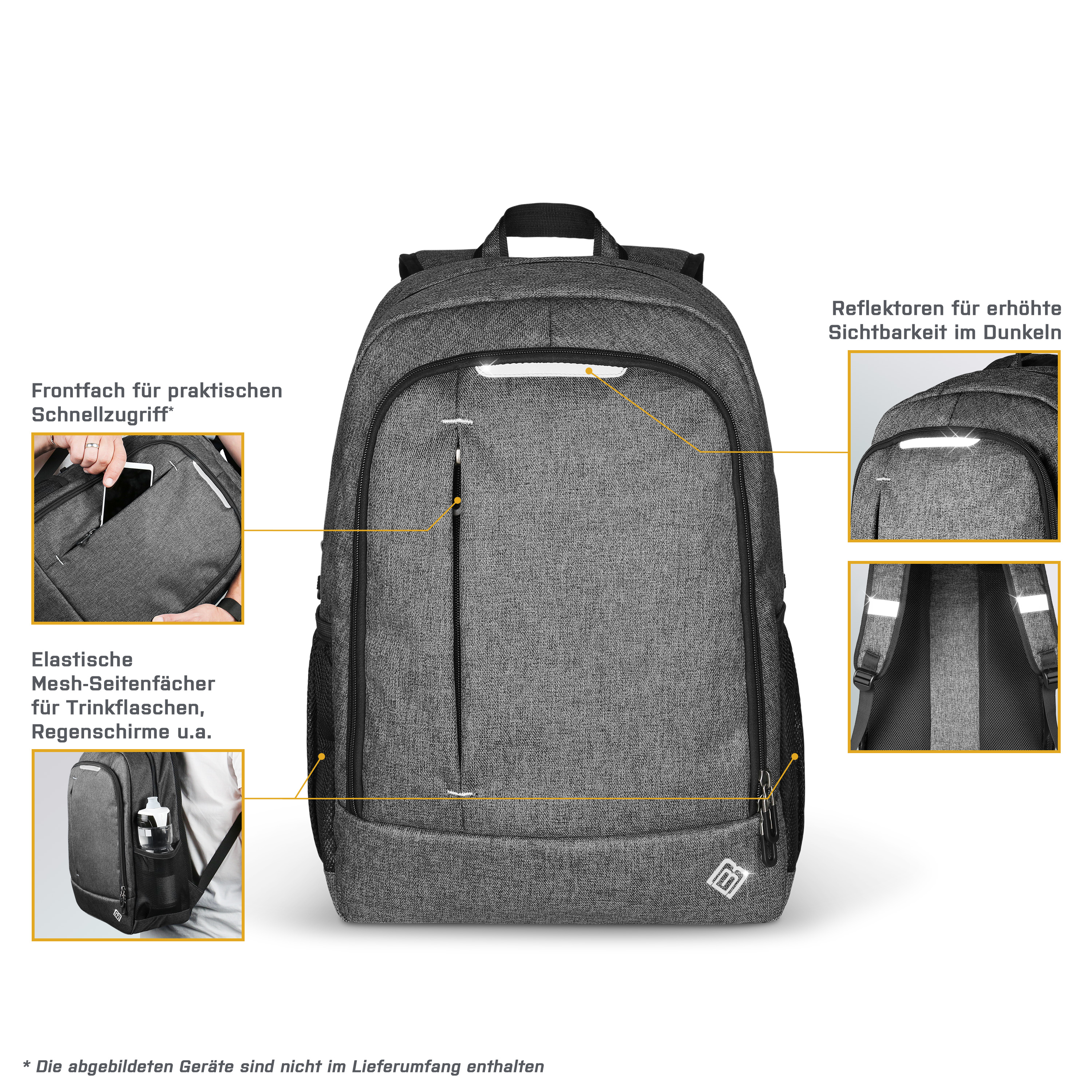 Ein grauer Rucksack mit mehreren Fächern und Etiketten für Funktionen wird gezeigt.