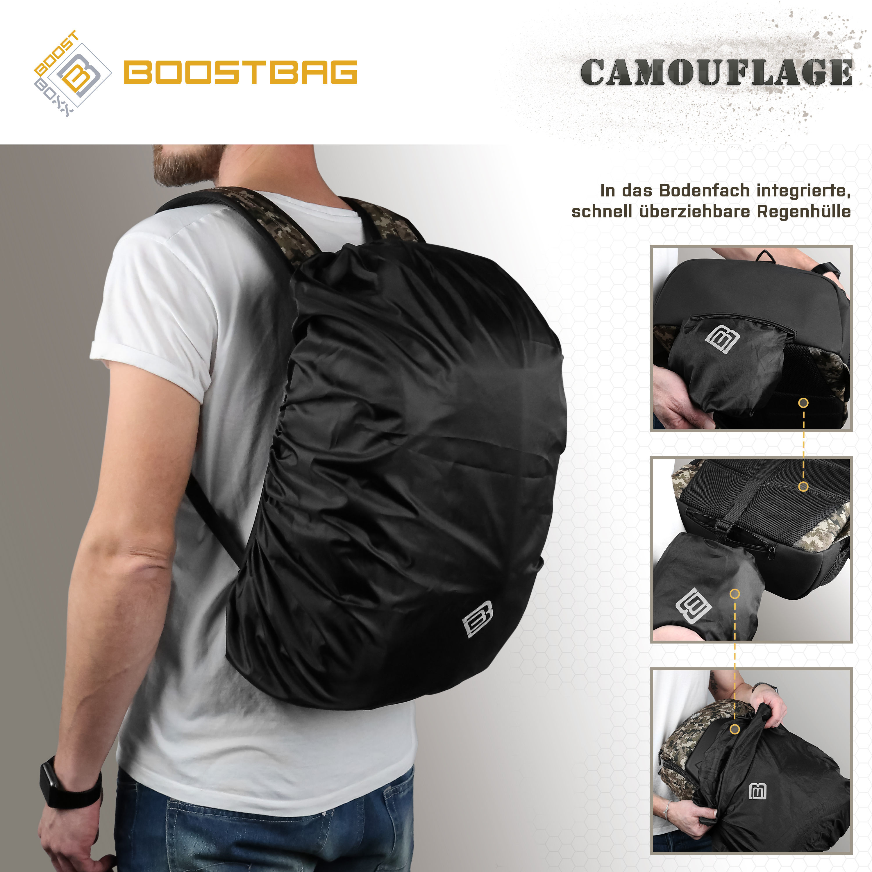 Ein schwarzer Rucksack mit Regenschutz und Camouflage-Details.