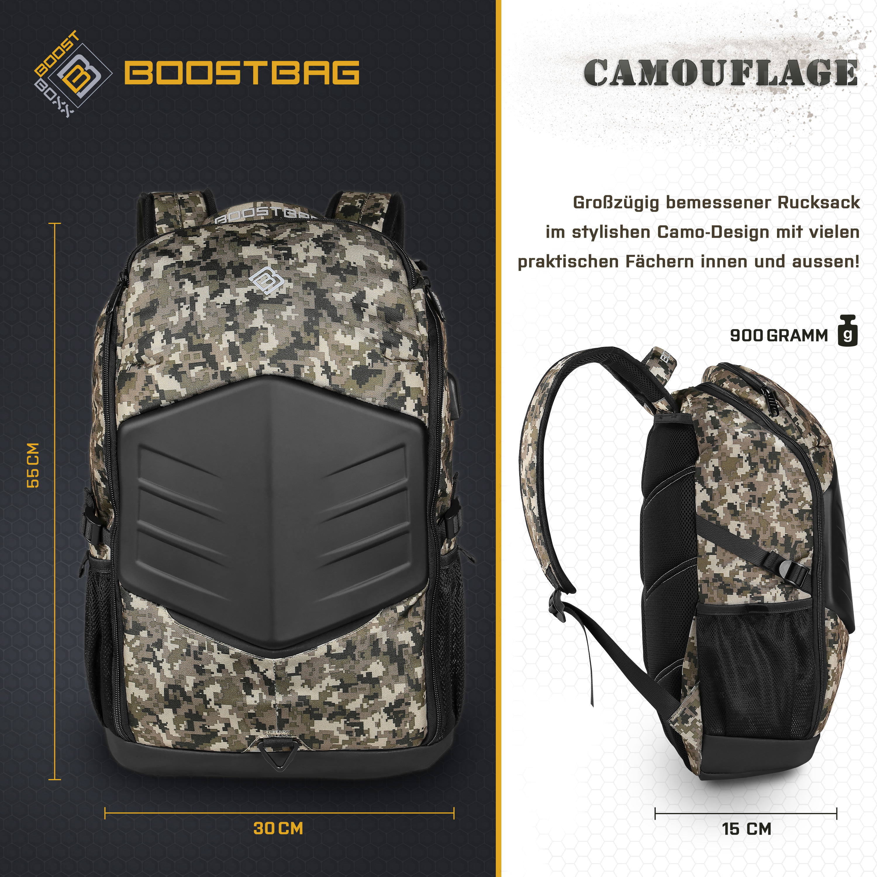 Camouflage-Rucksack mit schwarzen Details, Maßen und Text auf schwarzem Grund.