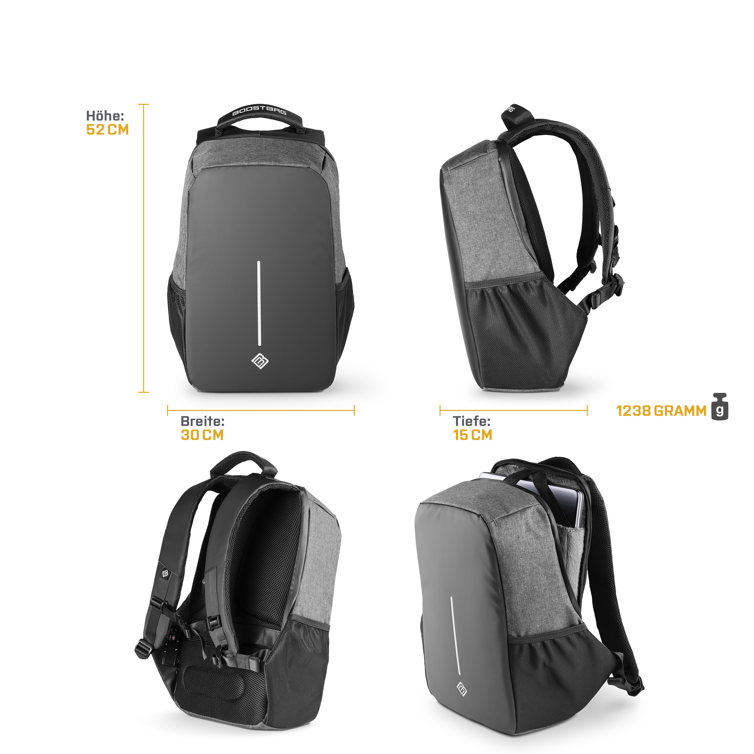 Ein schwarzer und grauer Rucksack mit Abmessungen in Zentimetern, auf weißem Hintergrund.