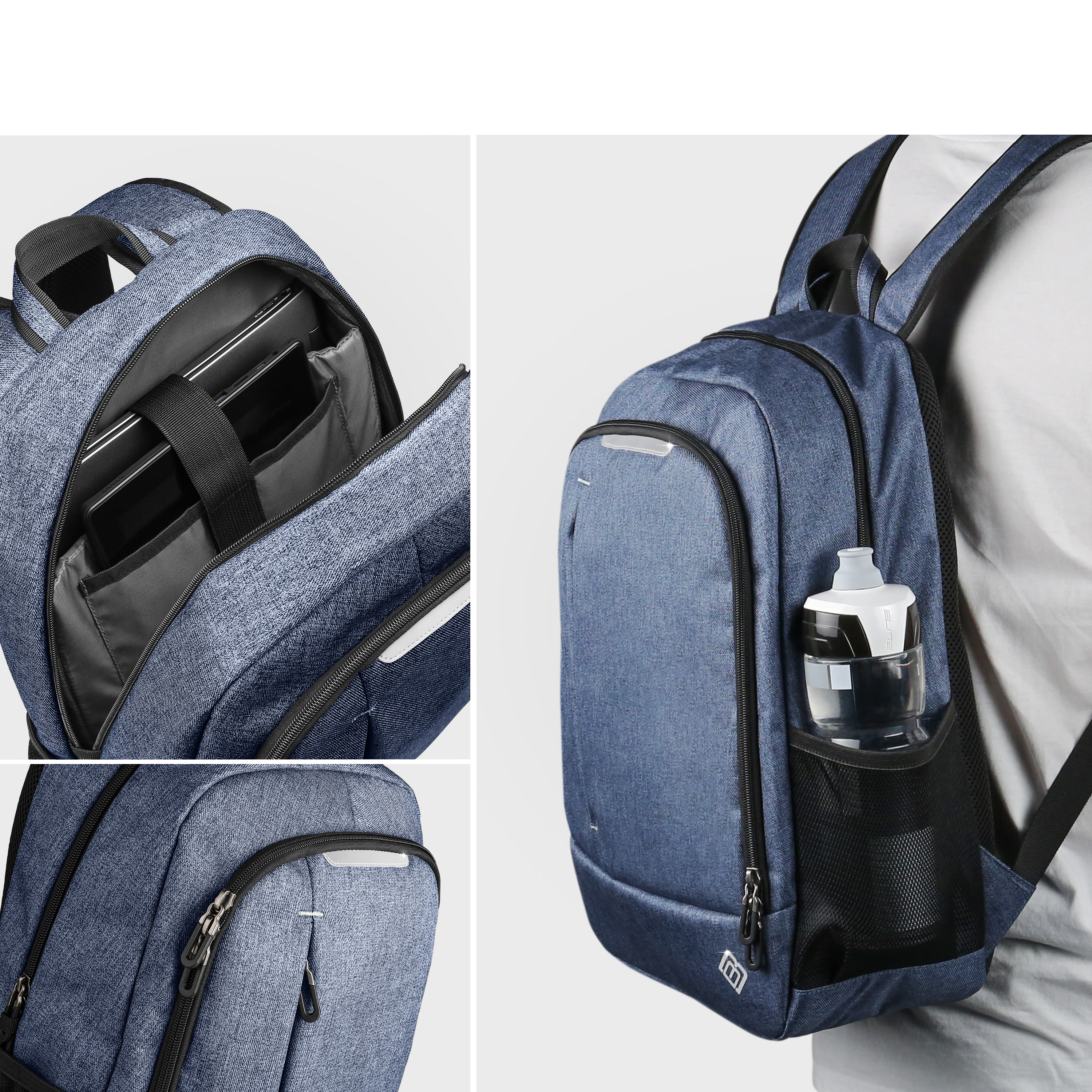 Drei Bilder eines blauen Rucksacks. Eines mit Laptop, eines mit Wasserflasche, ein Detail.