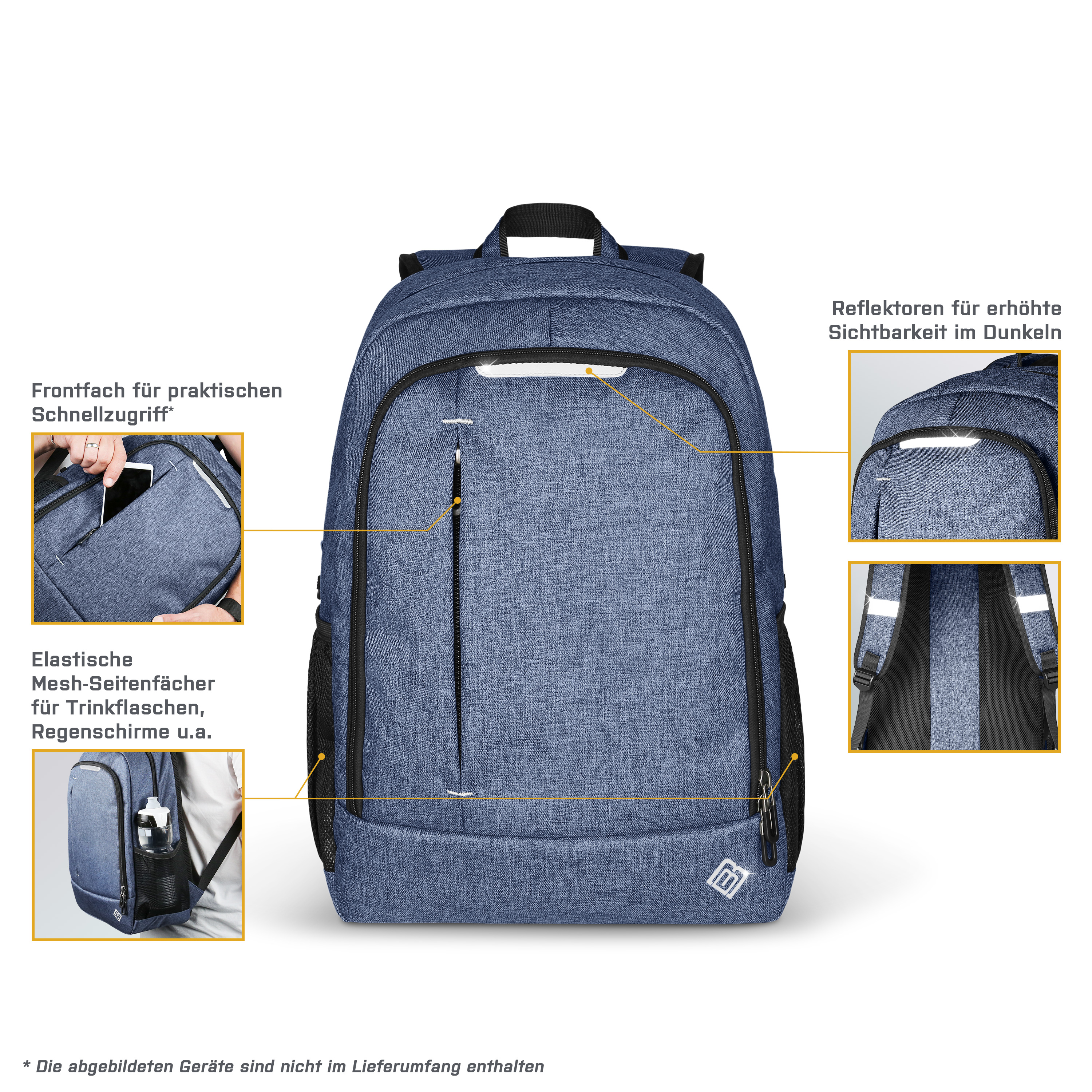 Blauer Rucksack mit mehreren Fächern und seitlichen Netztaschen. Text hebt Merkmale hervor.