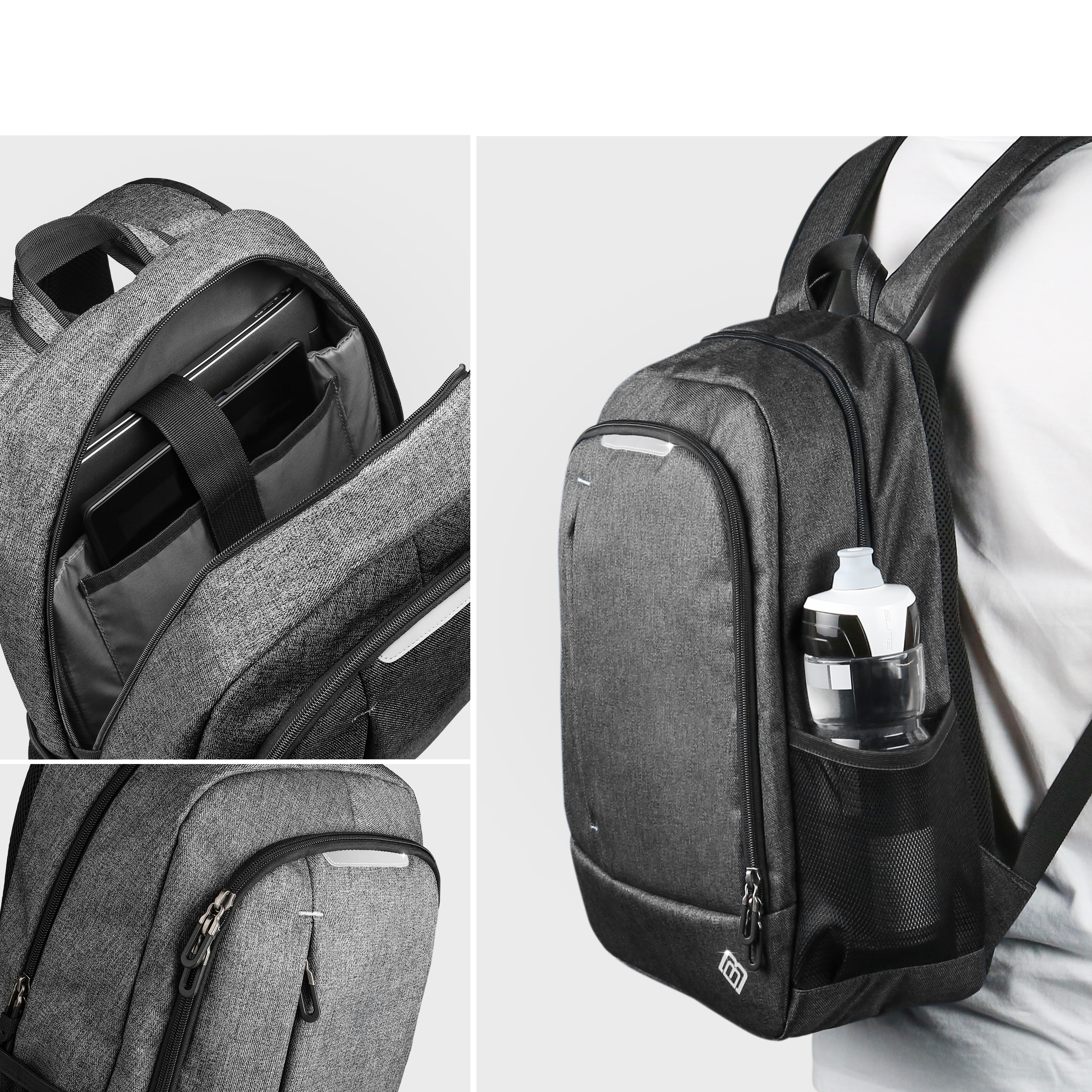 Rucksack mit Wasserflasche in der Seitentasche und Laptop im Inneren. Grau.