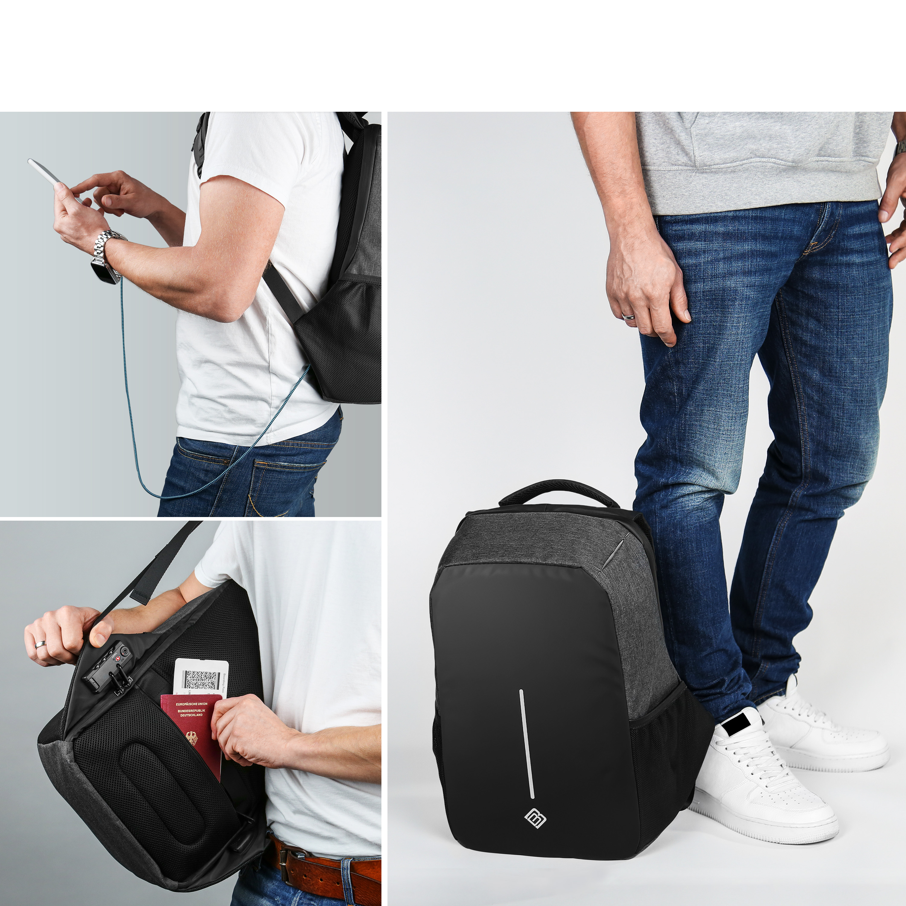 Collage eines Mannes, der ein Telefon benutzt und einen Rucksack trägt. Ein Rucksack mit Schloss und Pass.