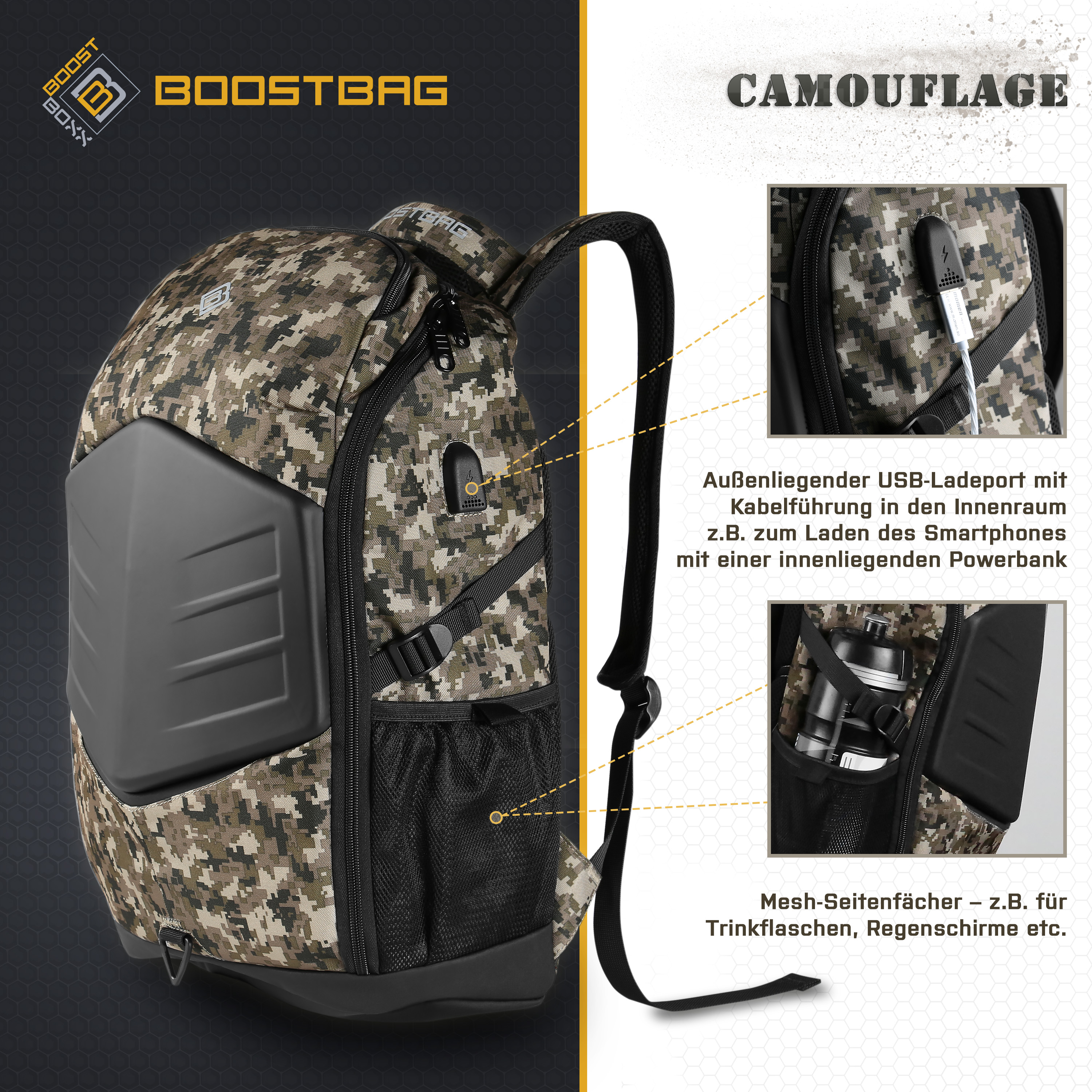 Tarnrucksack mit mehreren Taschen, USB-Anschluss und schwarzem Seitenprofil. Text lautet BOOSBAG und CAMOUFLAGE.