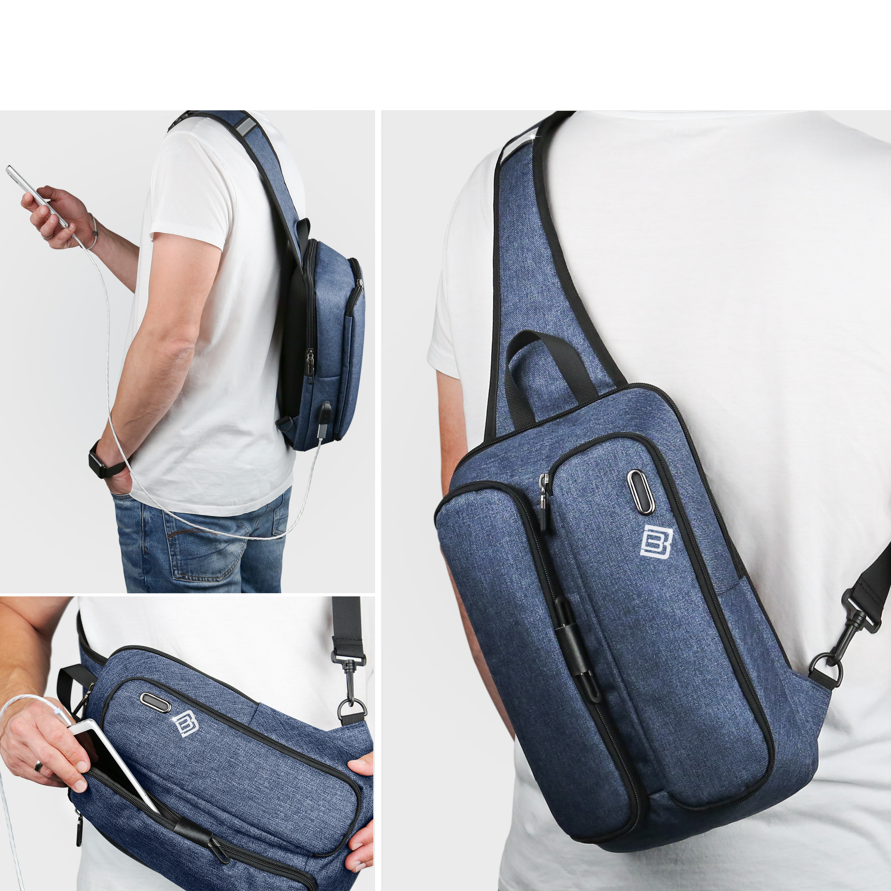 Mann mit blauer Umhängetasche, lädt Telefon. Tasche hat USB-Anschluss und weißes Logo.