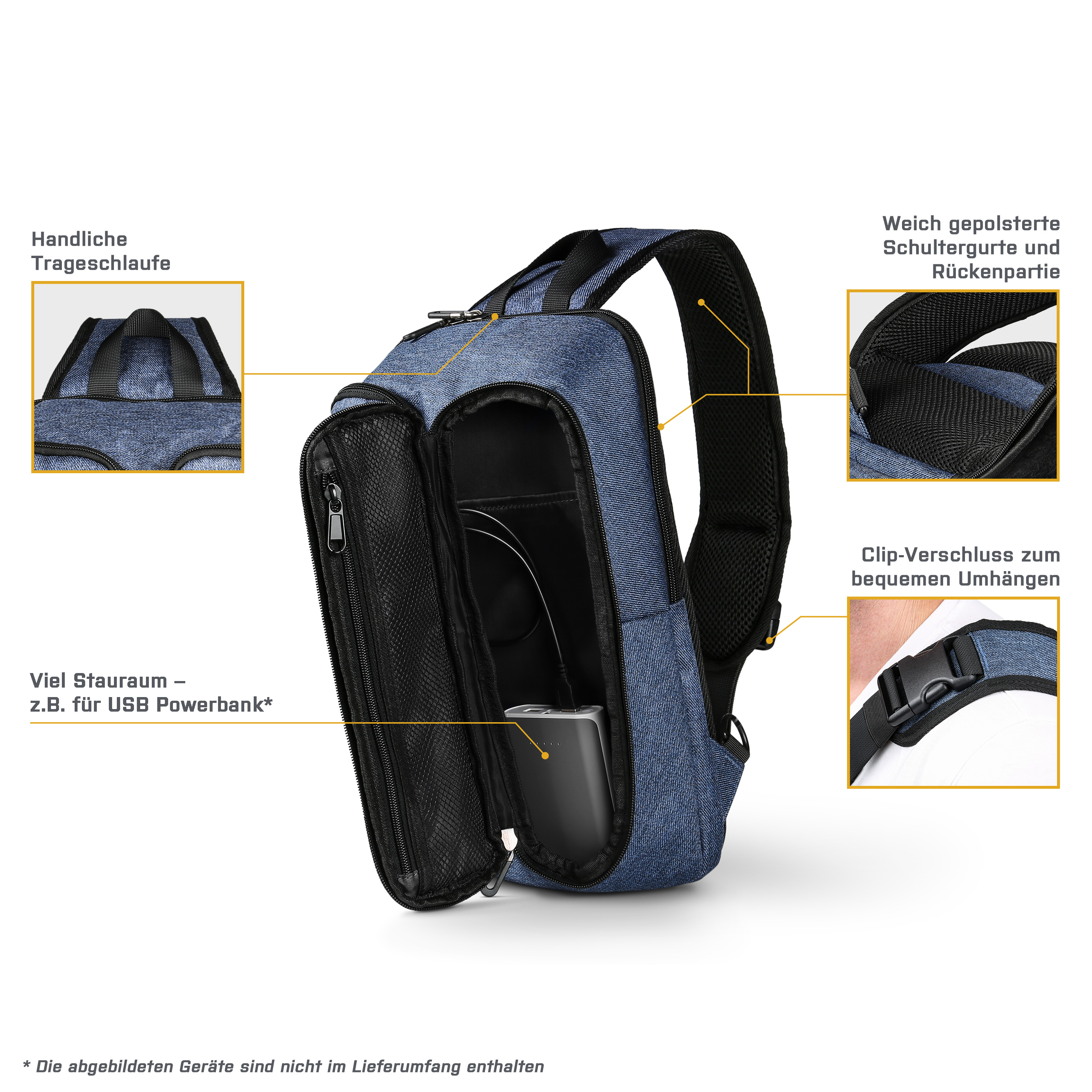 Blaue Tasche mit offenem Fach, zeigt eine Powerbank. Enthält Etiketten für Funktionen.