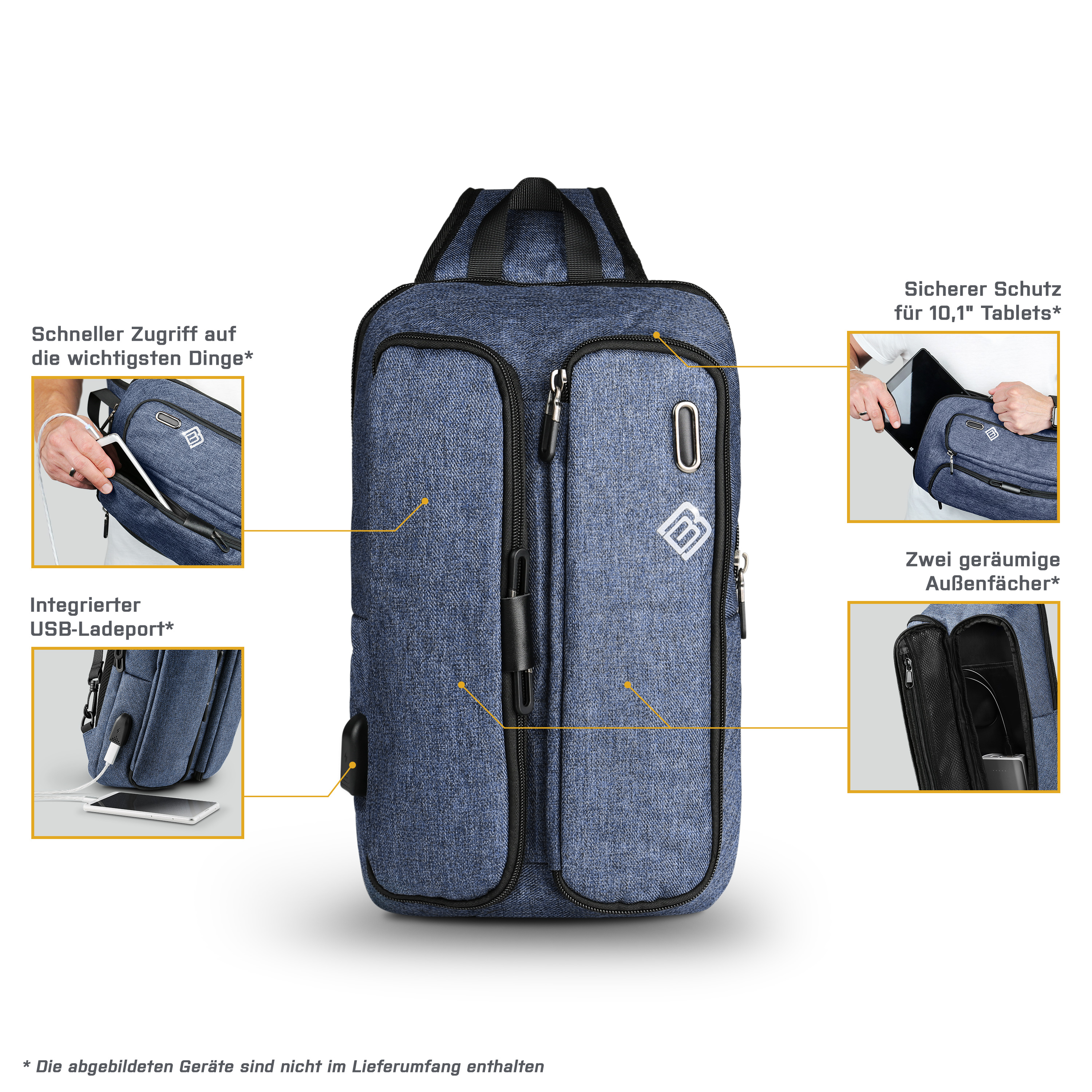 Blaue Umhängetasche mit mehreren Fächern, USB-Lademöglichkeit und einer Vordertasche. Mit integriertem USB und Schnellzugriff.