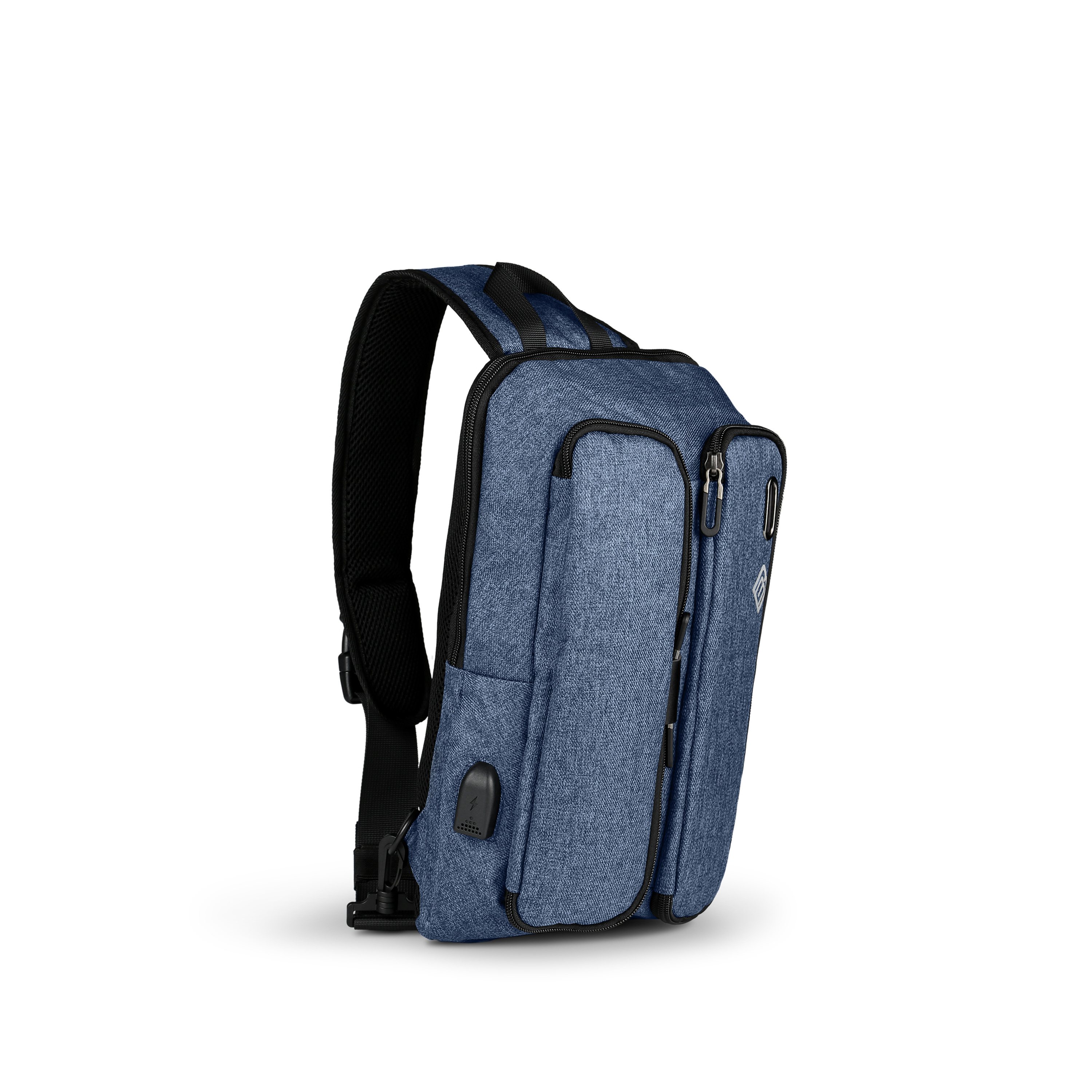 Blauer Rucksack, Seitenansicht, mit schwarzen Trägern und einem USB-Anschluss.
