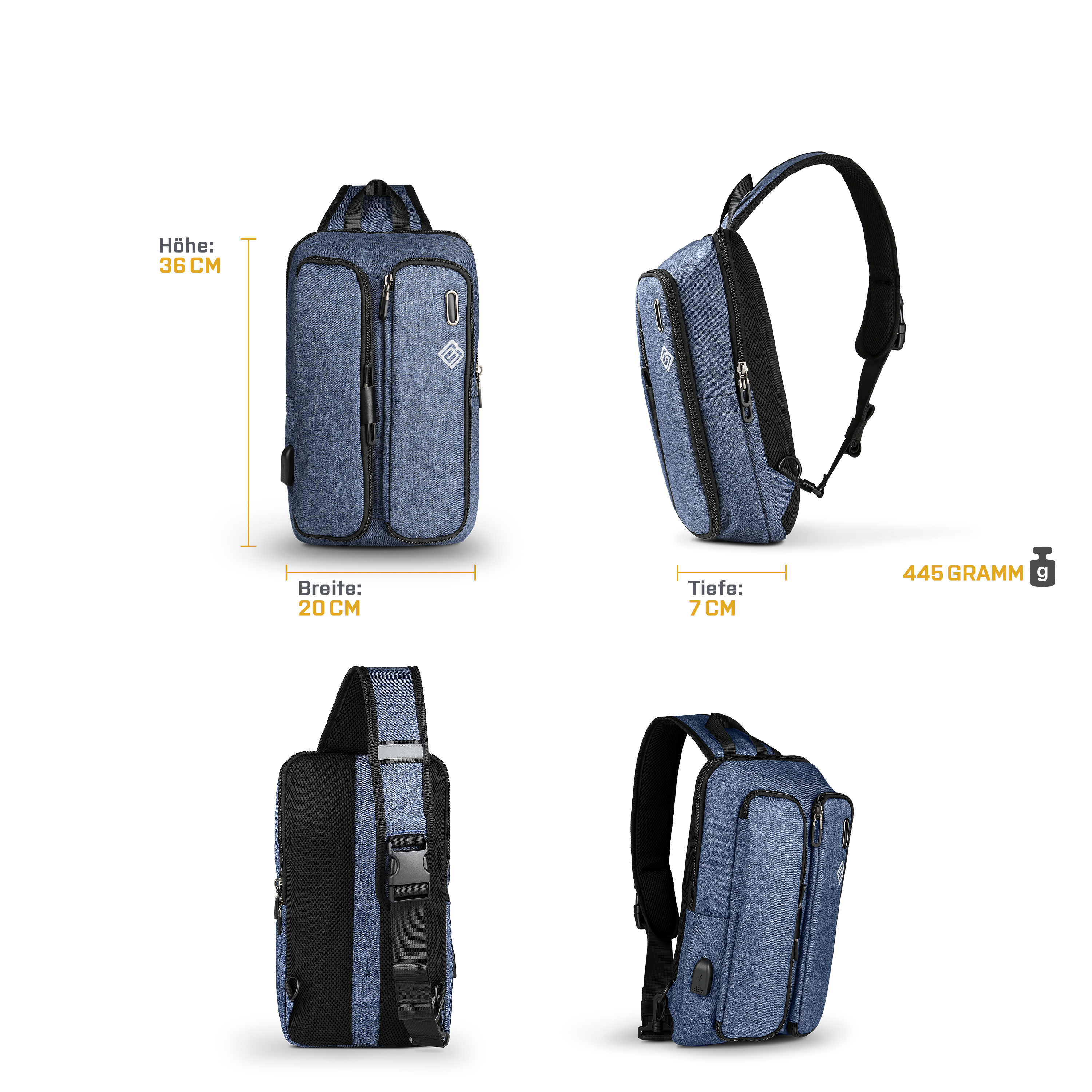 Blaue Denim-Umhängetasche. Mehrere Ansichten zeigen Abmessungen: 38cm hoch, 20cm breit, 7cm tief. 445g.