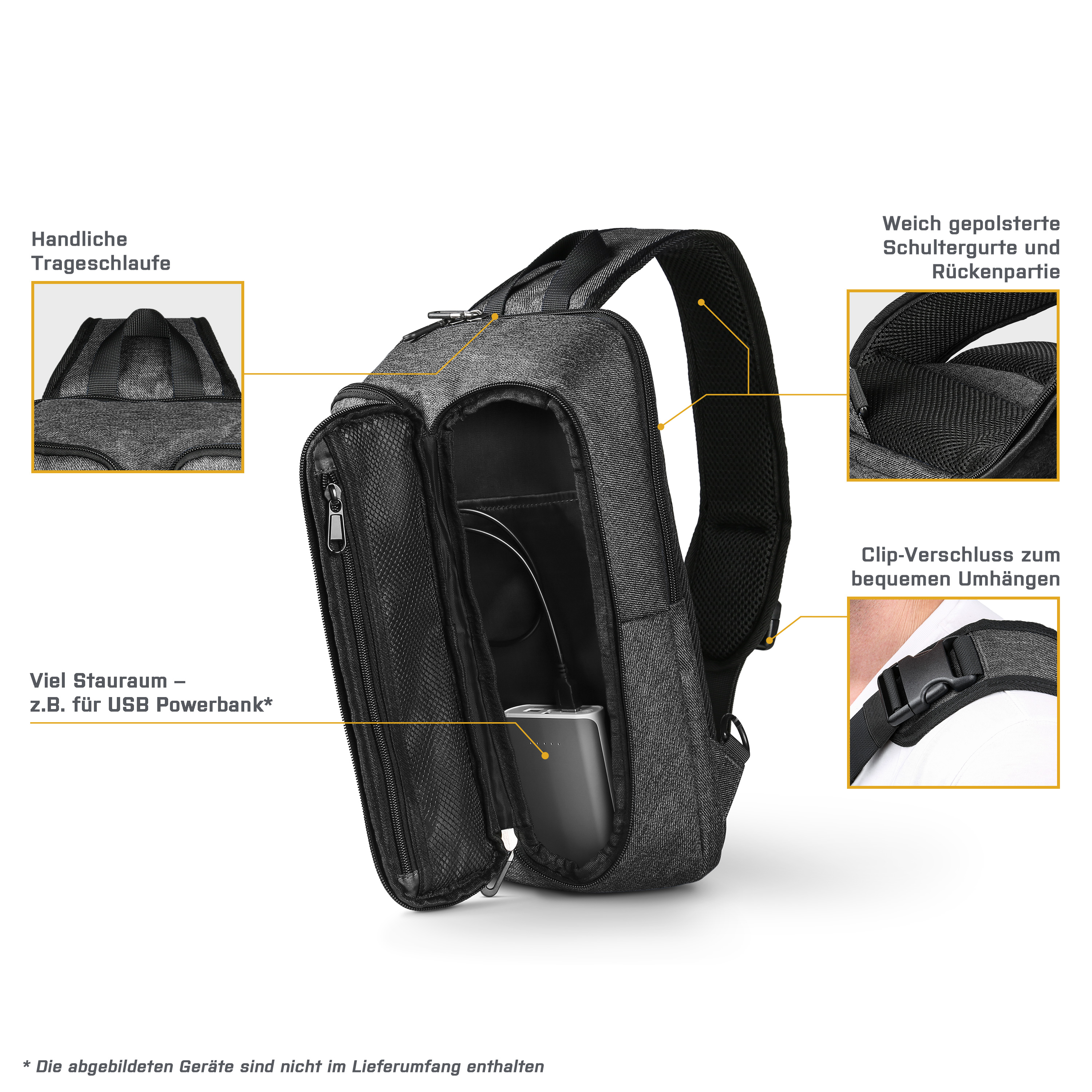 Ein grauer Rucksack mit Taschen, Trägern und Details mit Beschriftungen auf Deutsch.