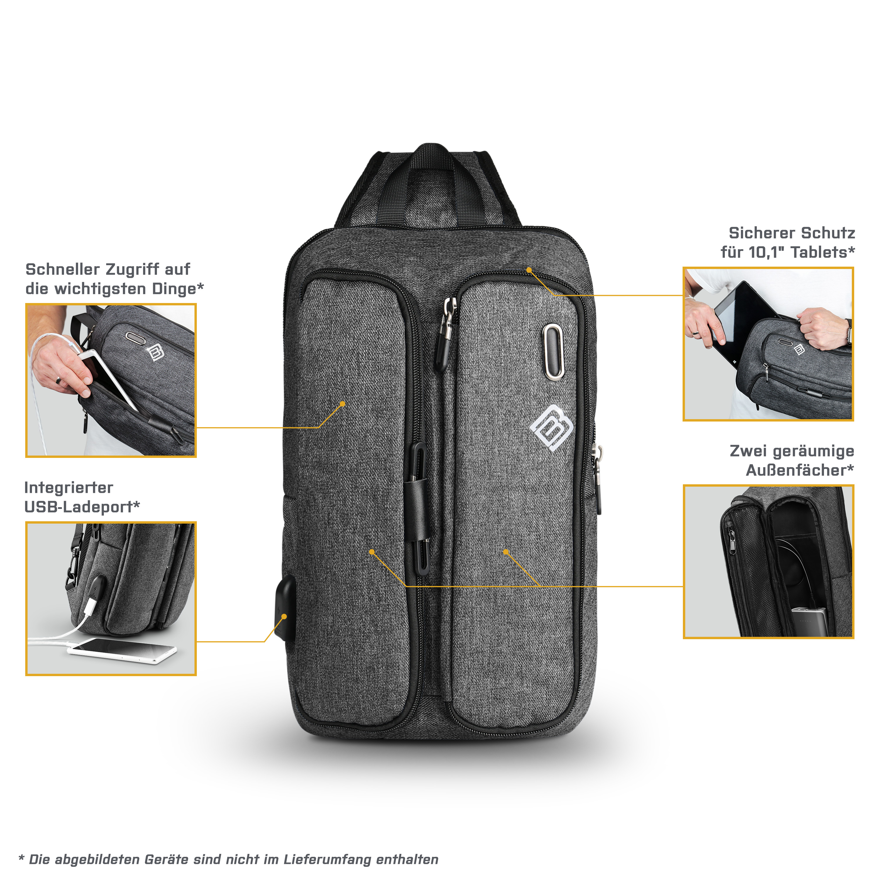 BOOSTBOXX BoostBag Sling Umhängetasche - Microfaser, Universal Schultertasche Tablets grau für grau für 10,1