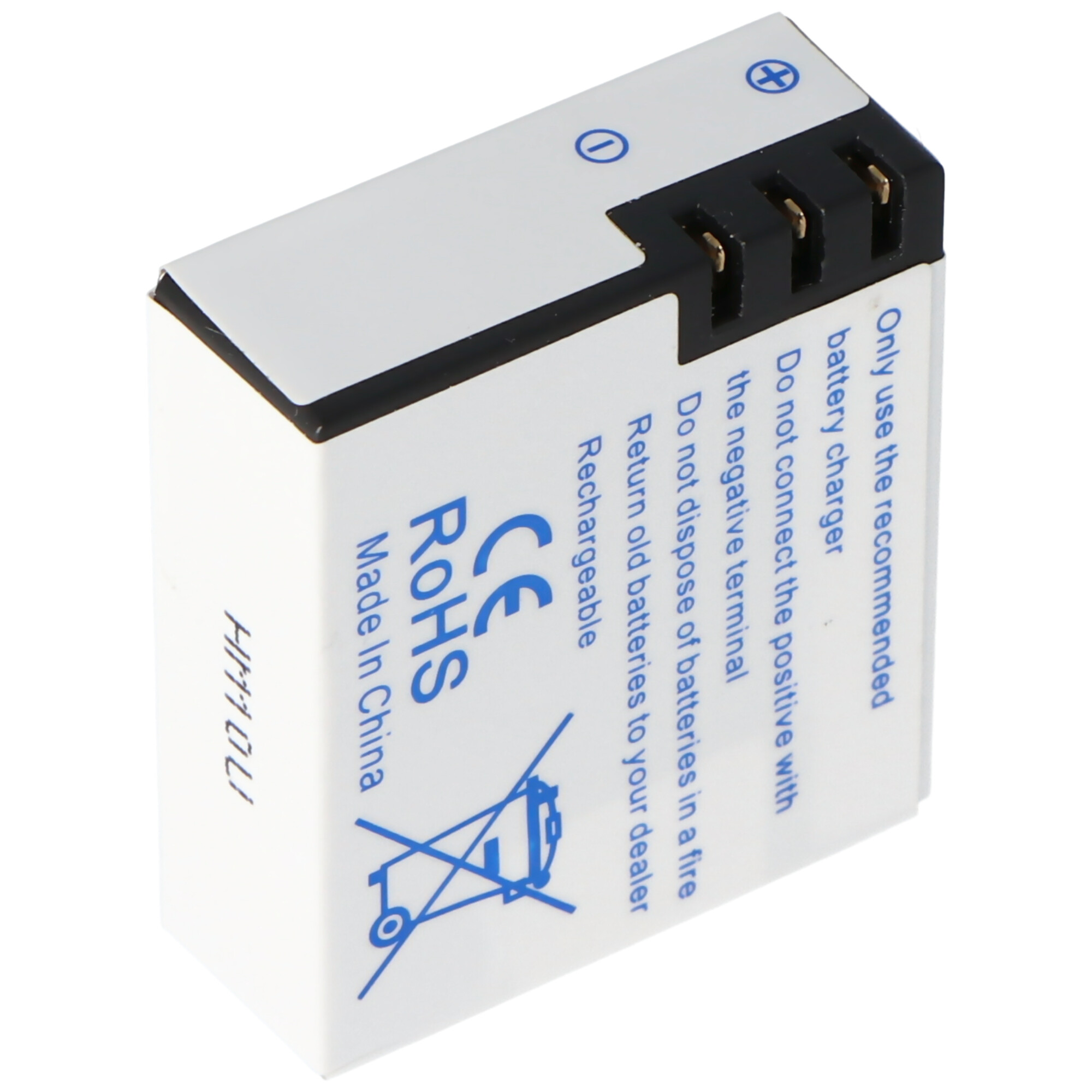 Kleine weiße Batterie mit Text und Symbolen, schräge Ansicht.