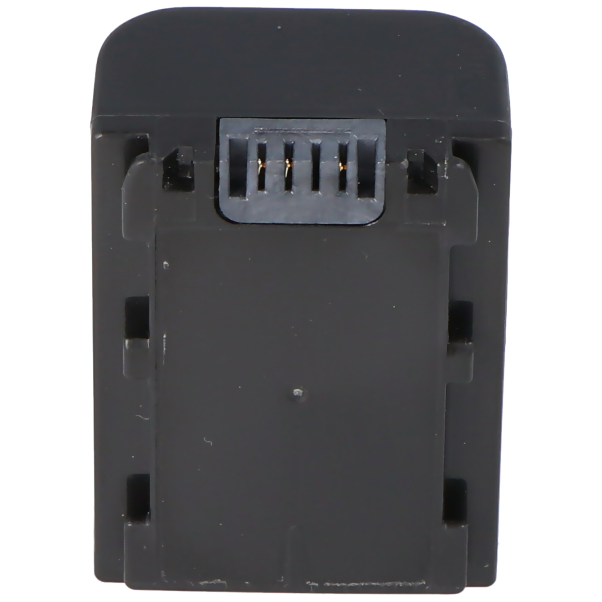 Schwarze Batterie. Sie hat einen Anschluss mit mehreren Pins. Die Rückseite der Batterie ist auch schwarz.