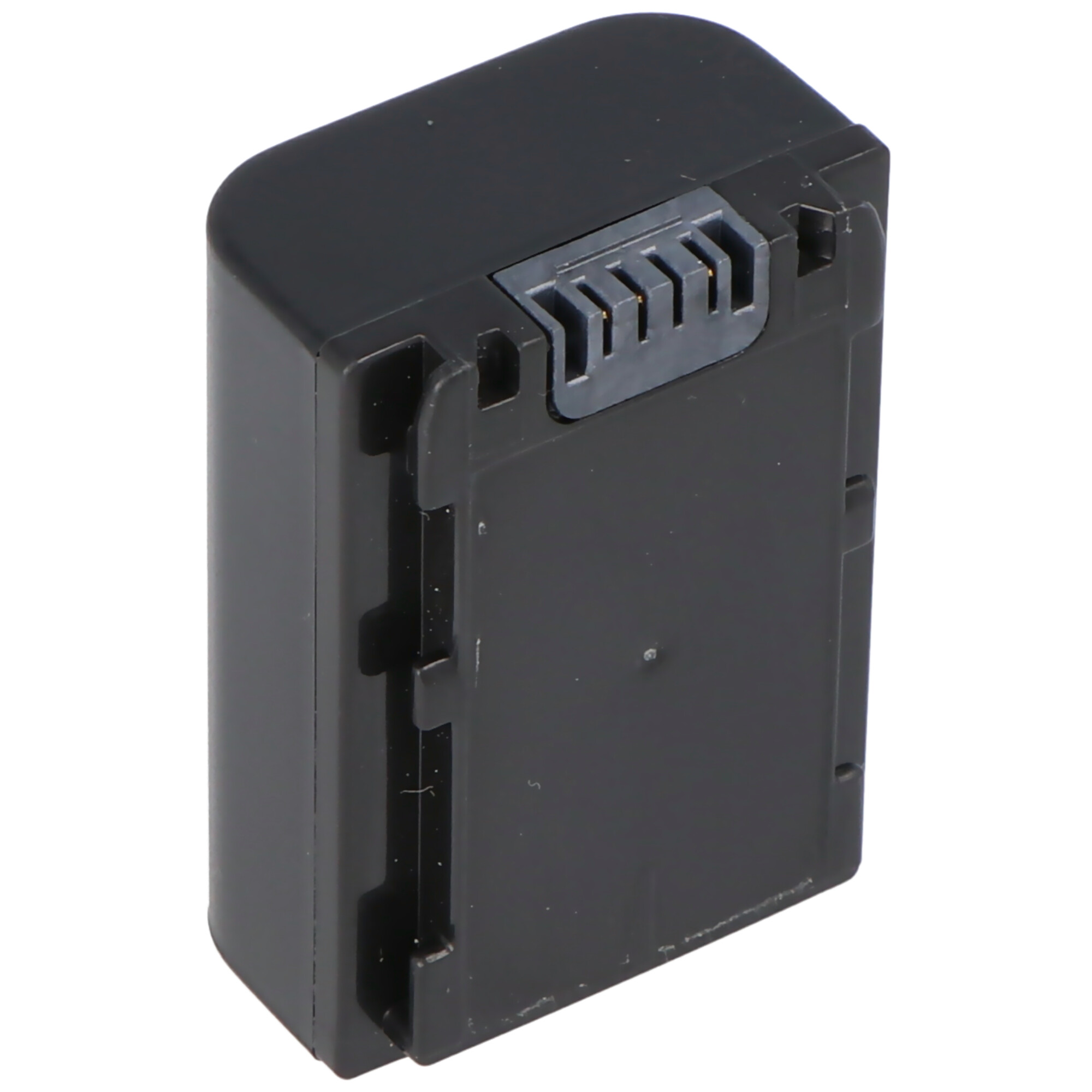 Schwarzer rechteckiger Akku mit Stecker oben.