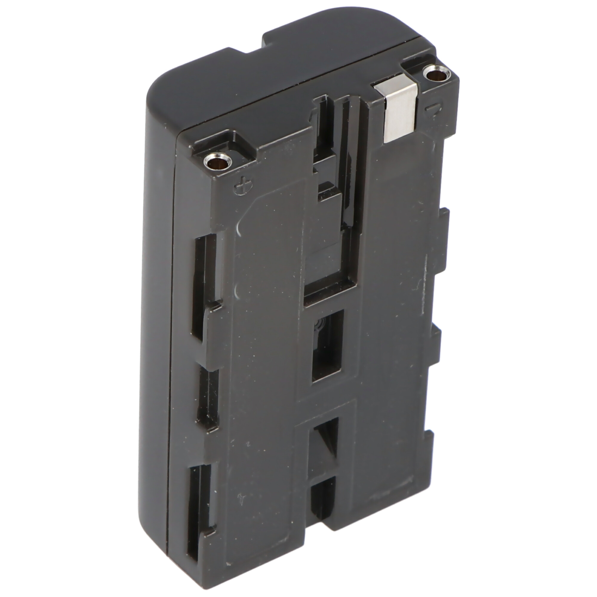 Schwarze rechteckige Batterie mit silbernem Anschluss und anderen Details. Sie hat ein dunkles Aussehen.