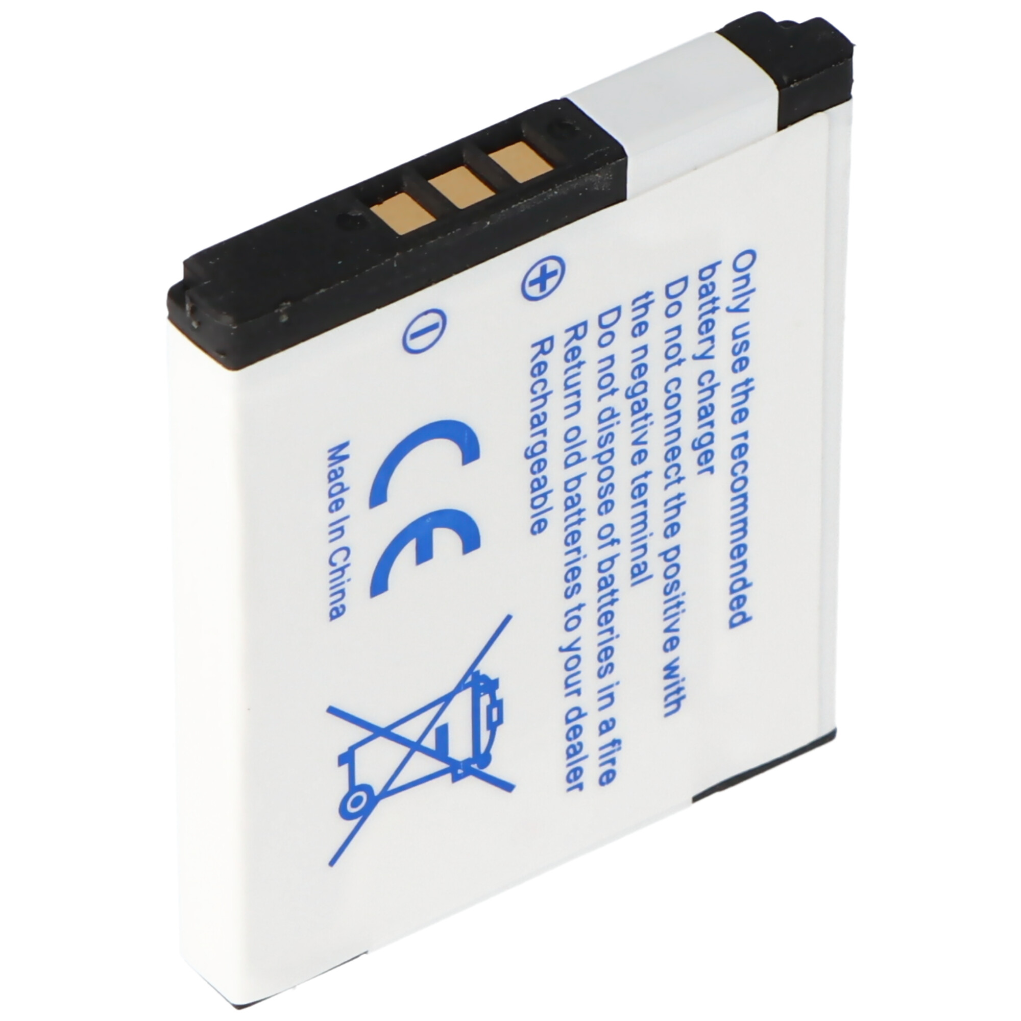 Batteria rettangolare bianca con parte superiore nera. Testo e simboli sulla superficie. Scritto 'Made in China'.