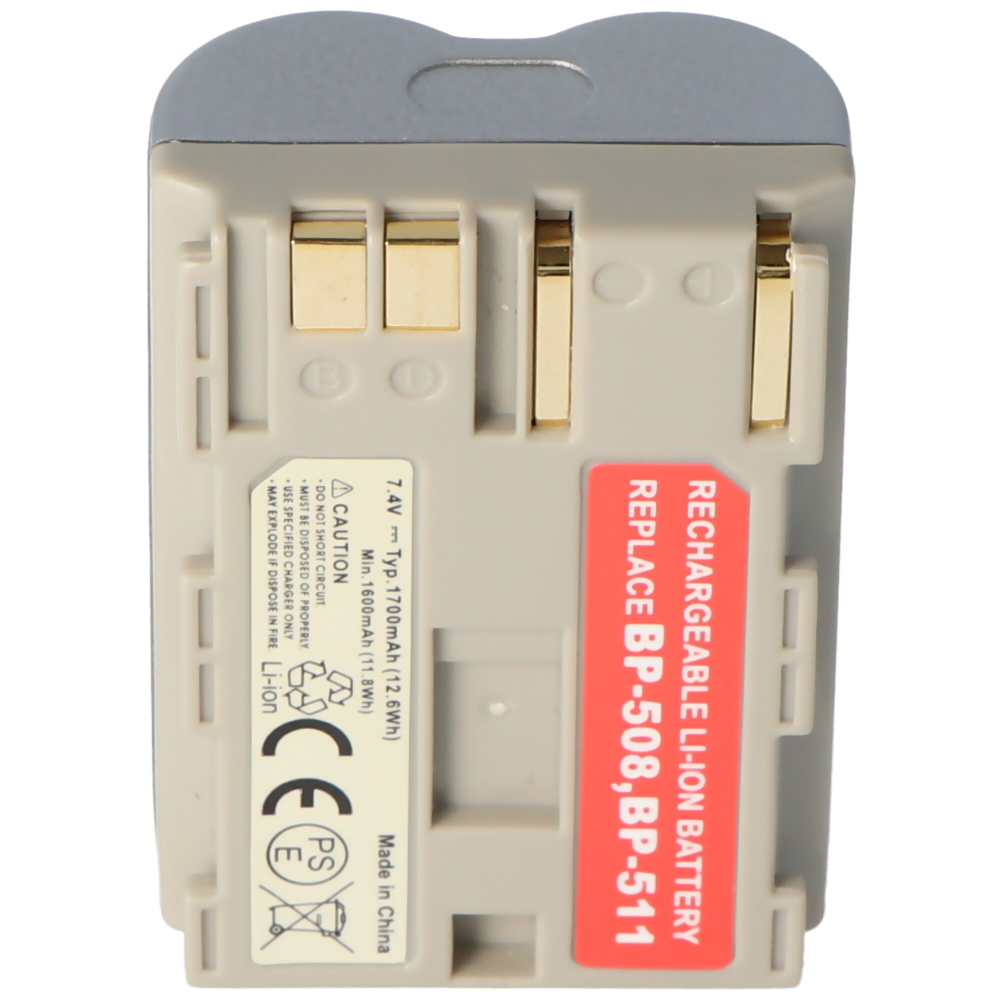 Graue Batterie mit roten und gelben Aufklebern, zeigt Modellnummern und Warnhinweise.