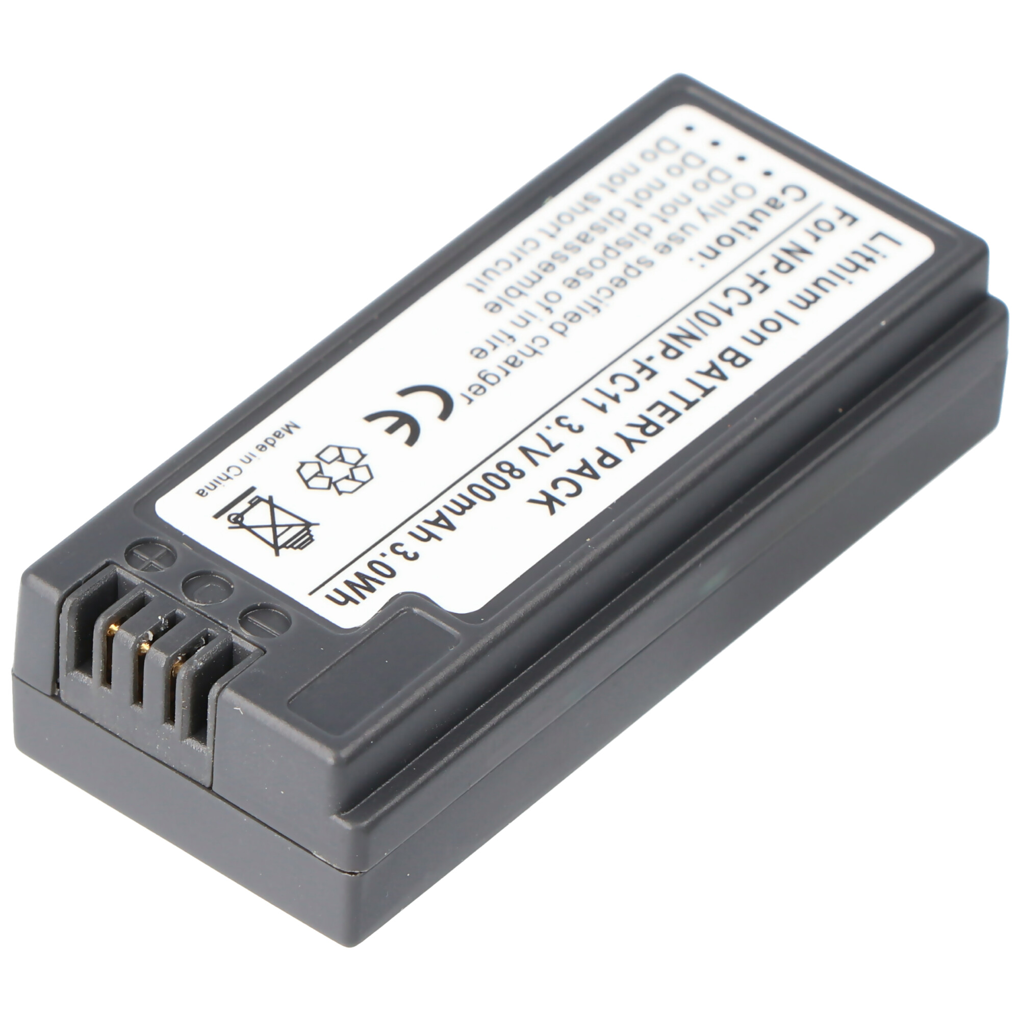 Ein rechteckiges schwarzes Lithium-Ionen-Akkupack mit Text und einem Anschluss.