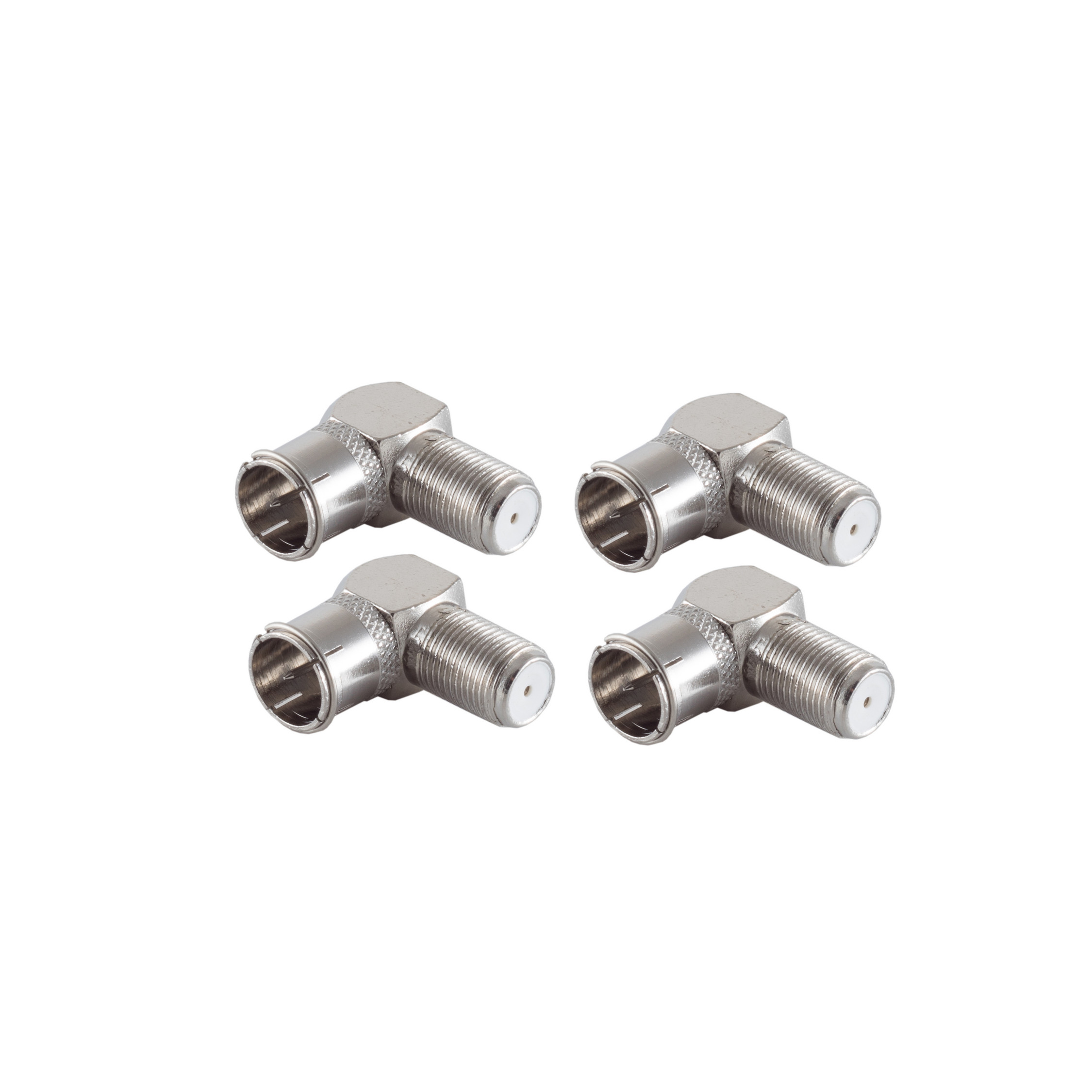 Vier silberne Koaxialstecker im 90-Grad-Winkel.