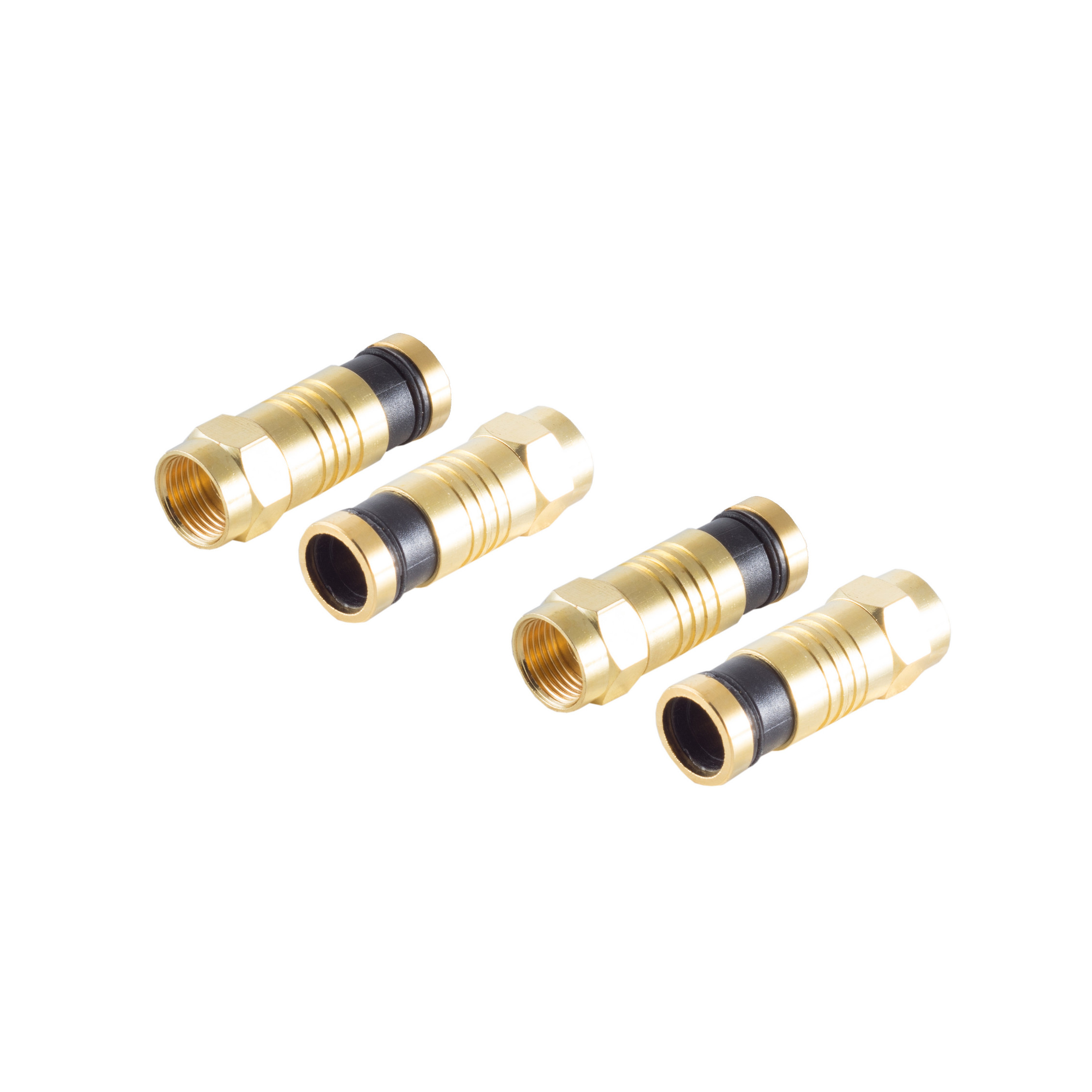 Vier goldfarbene Stecker mit schwarzen Ringen auf weißem Hintergrund.