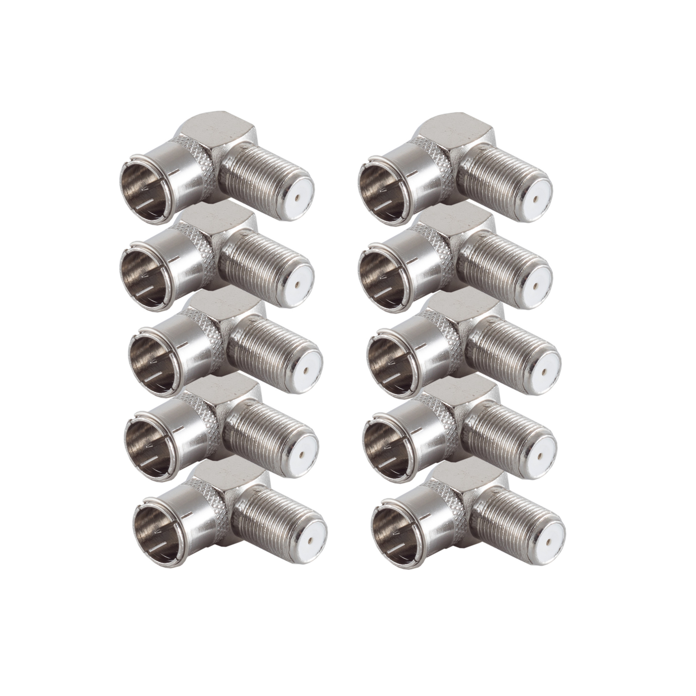 Zehn silberne Koaxialstecker in zwei Reihen angeordnet.