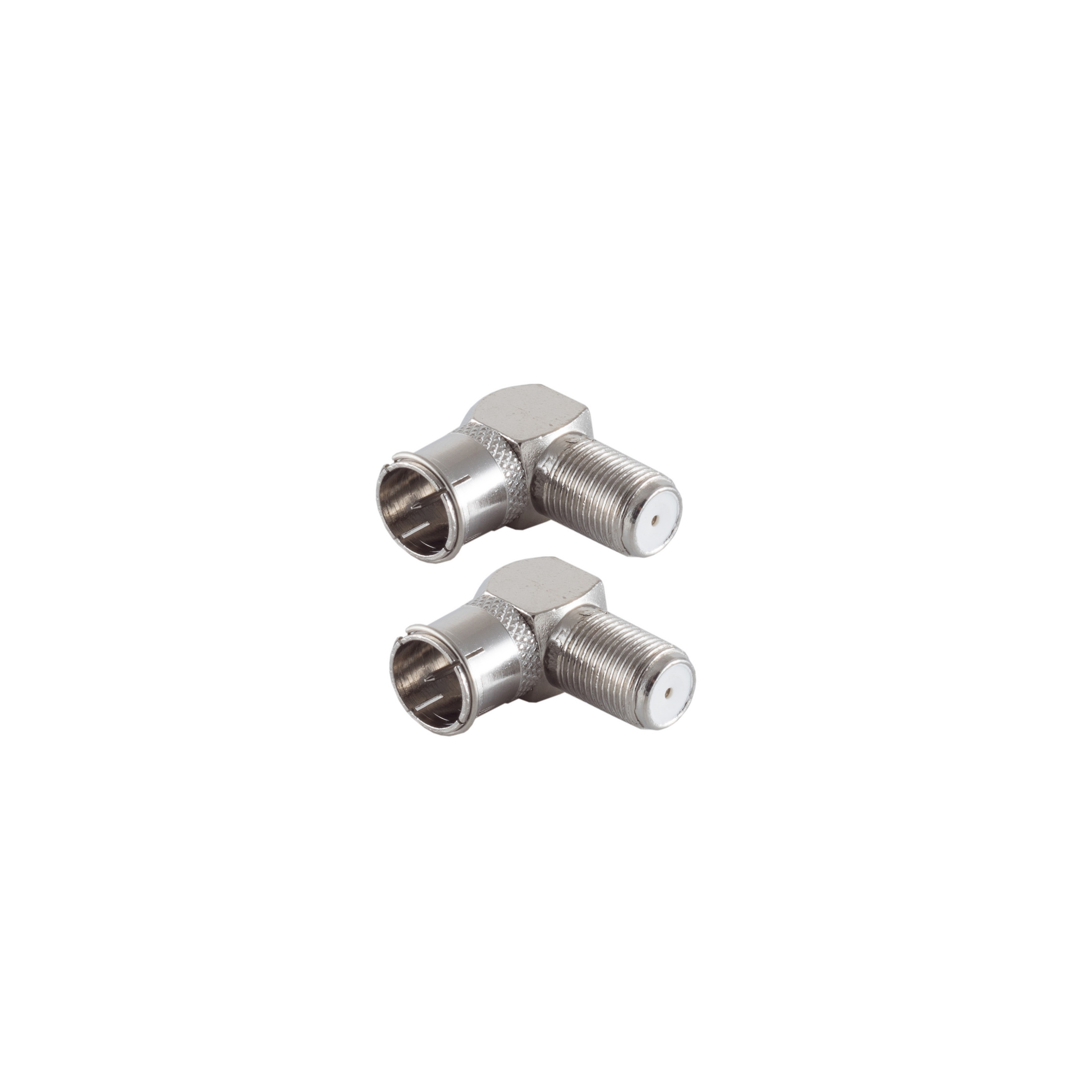 Zwei silberne gewinkelte Koaxialstecker auf weißem Hintergrund.