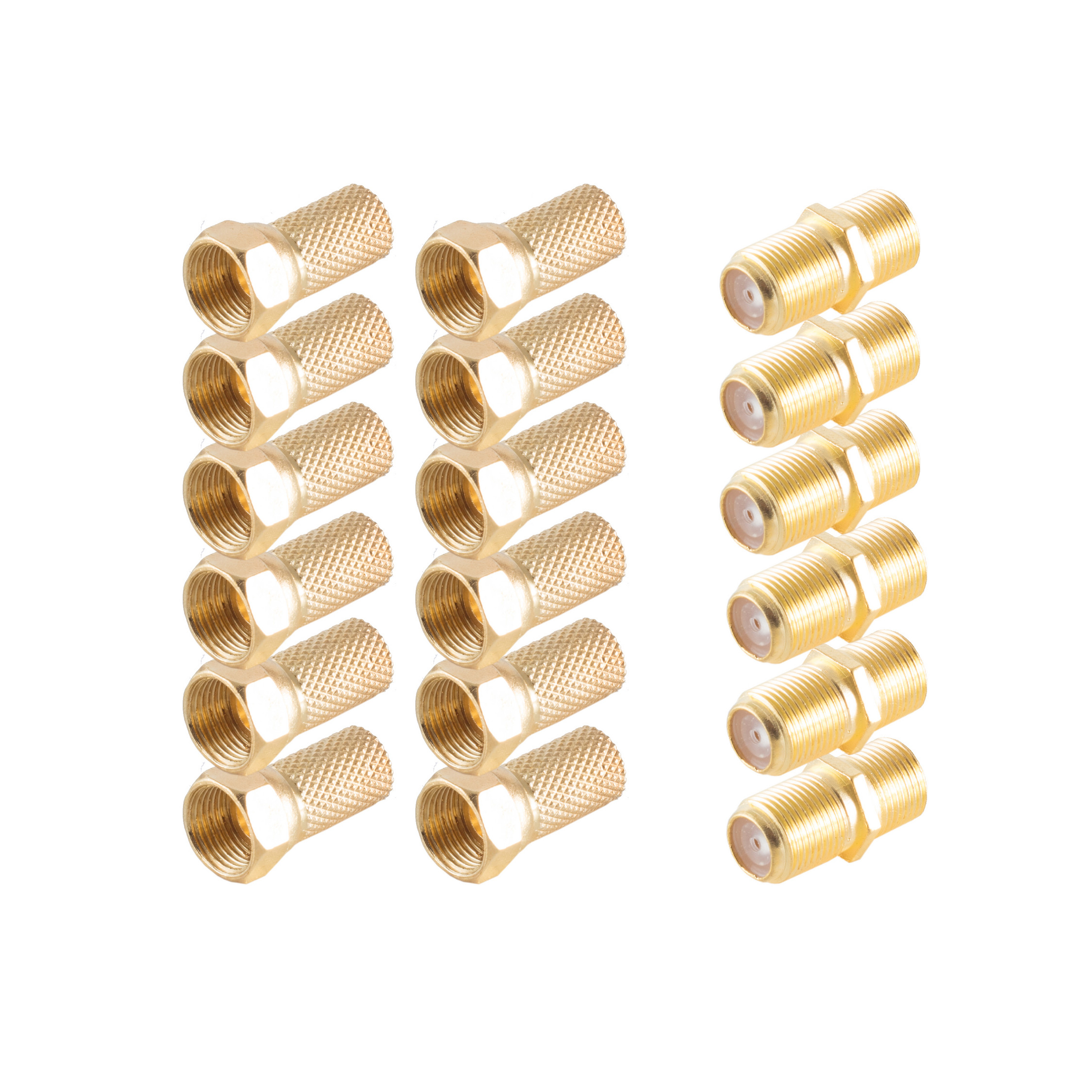 Eine Sammlung goldener Koaxialkabelstecker auf weißem Hintergrund.