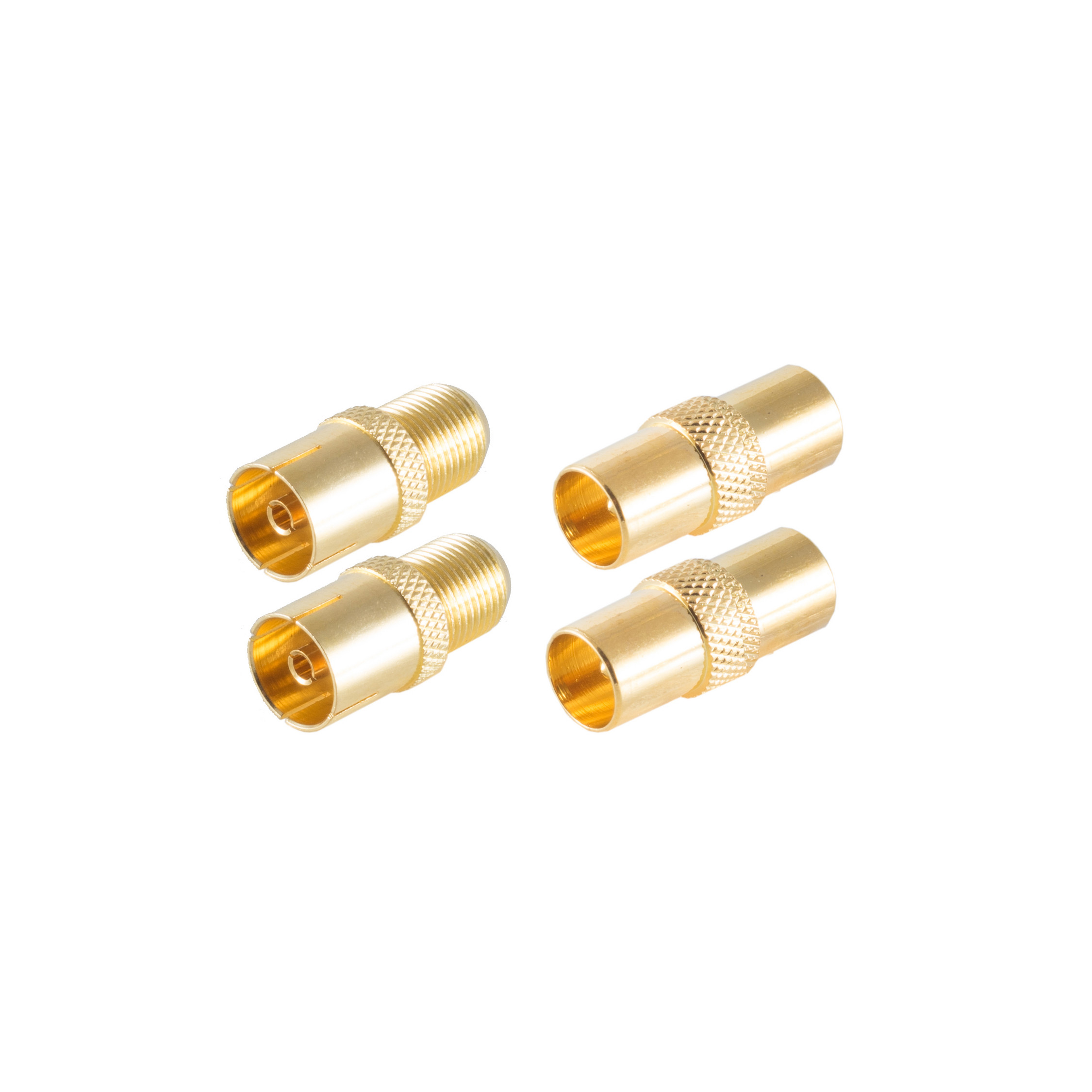 Vier goldene Koaxialkabel-Stecker auf weißem Hintergrund.