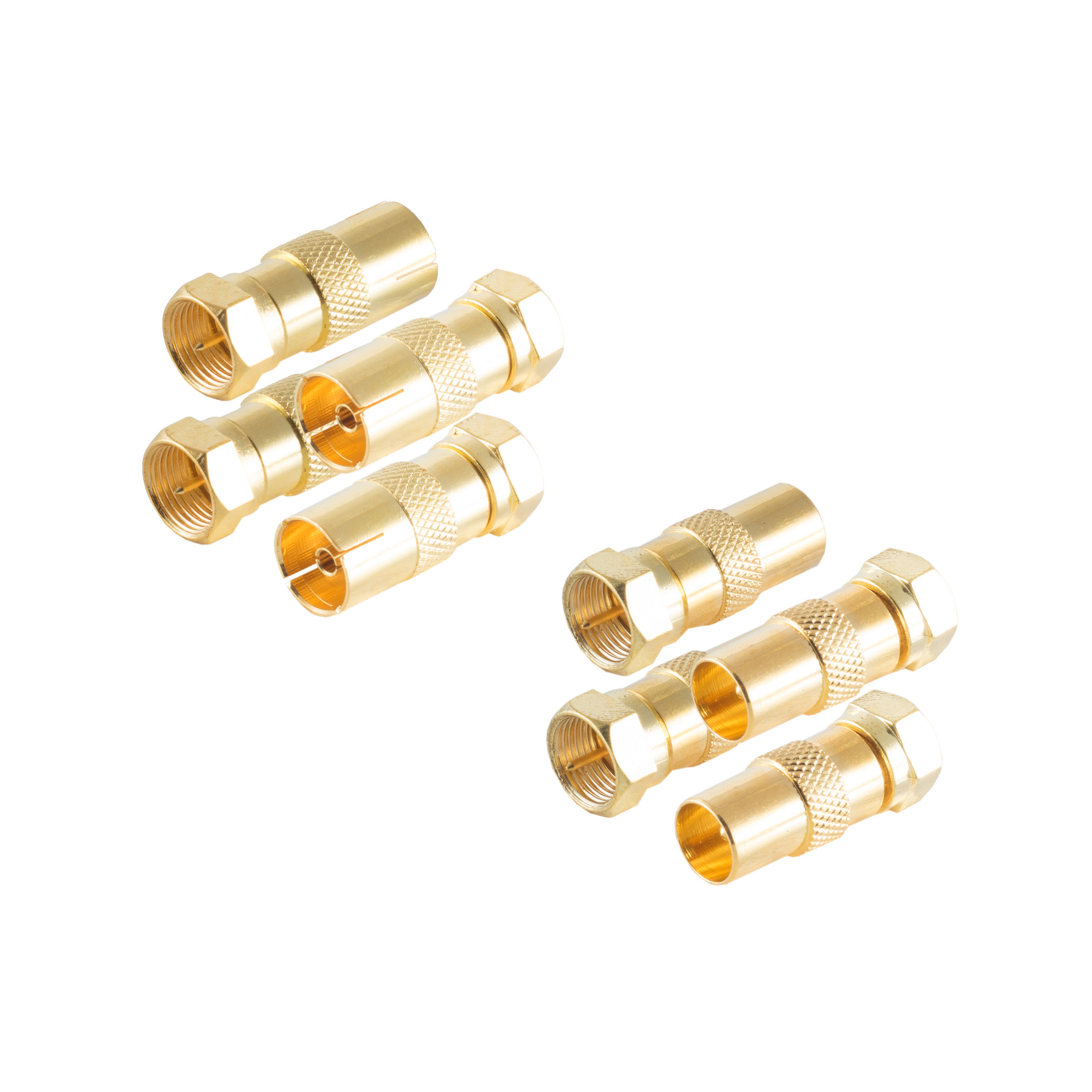 Sechs goldene Stecker auf weißem Hintergrund, in zwei Gruppen angeordnet.