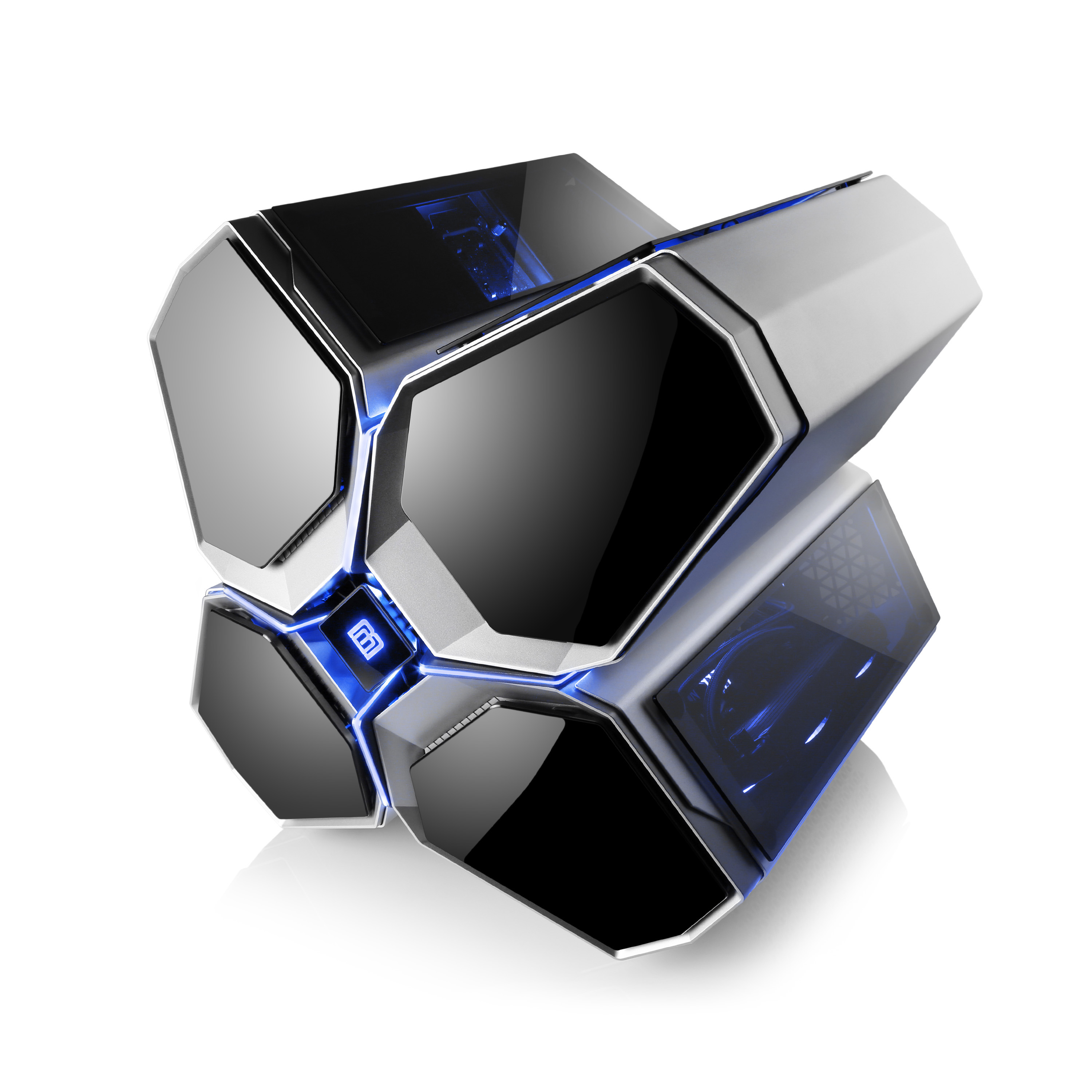 Ein futuristisches Computergehäuse mit mehreren schwarzen Paneelen und blauen Lichtern, auf weißem Grund.