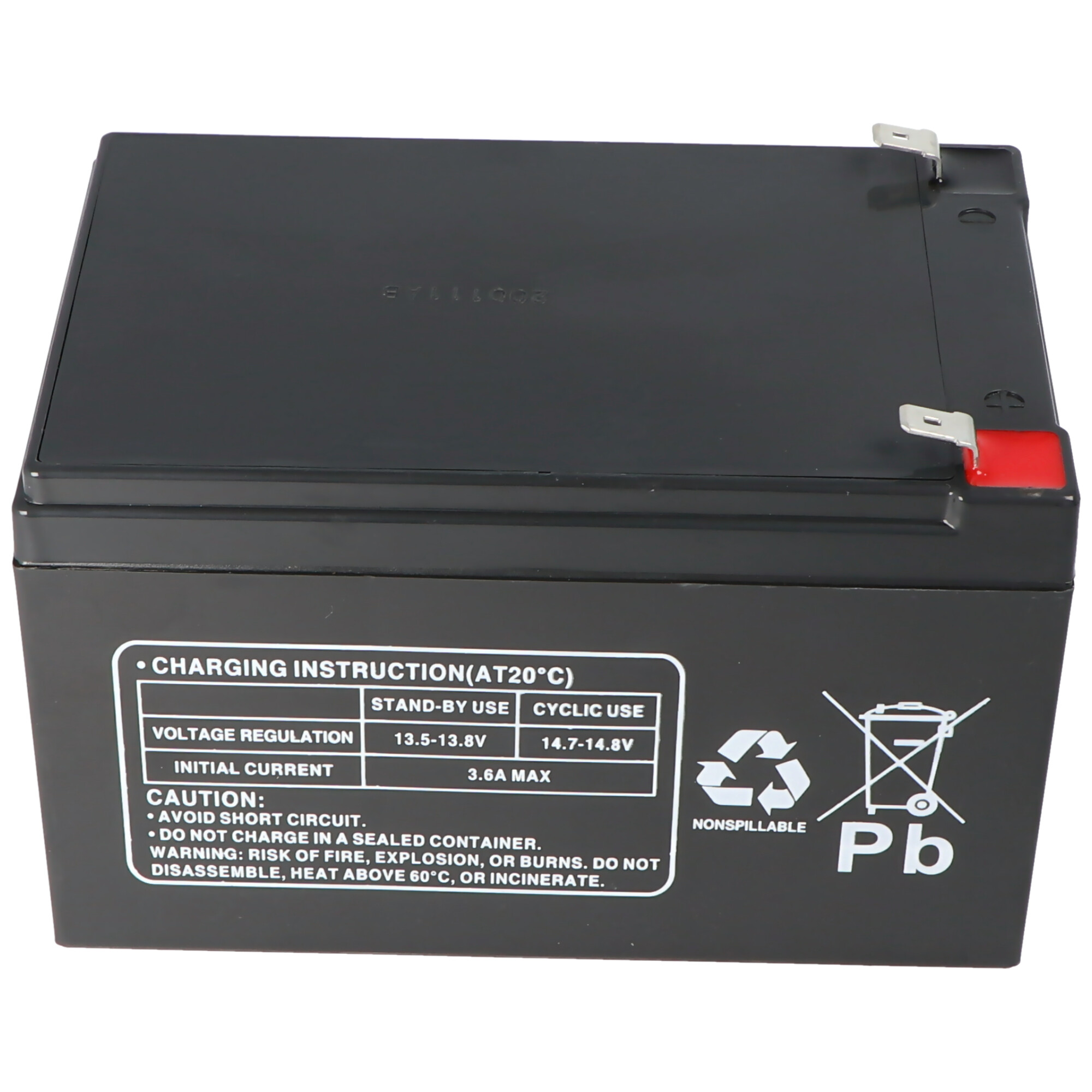 Schwarze rechteckige Batterie mit Warnhinweisen und Recycling-Symbol.