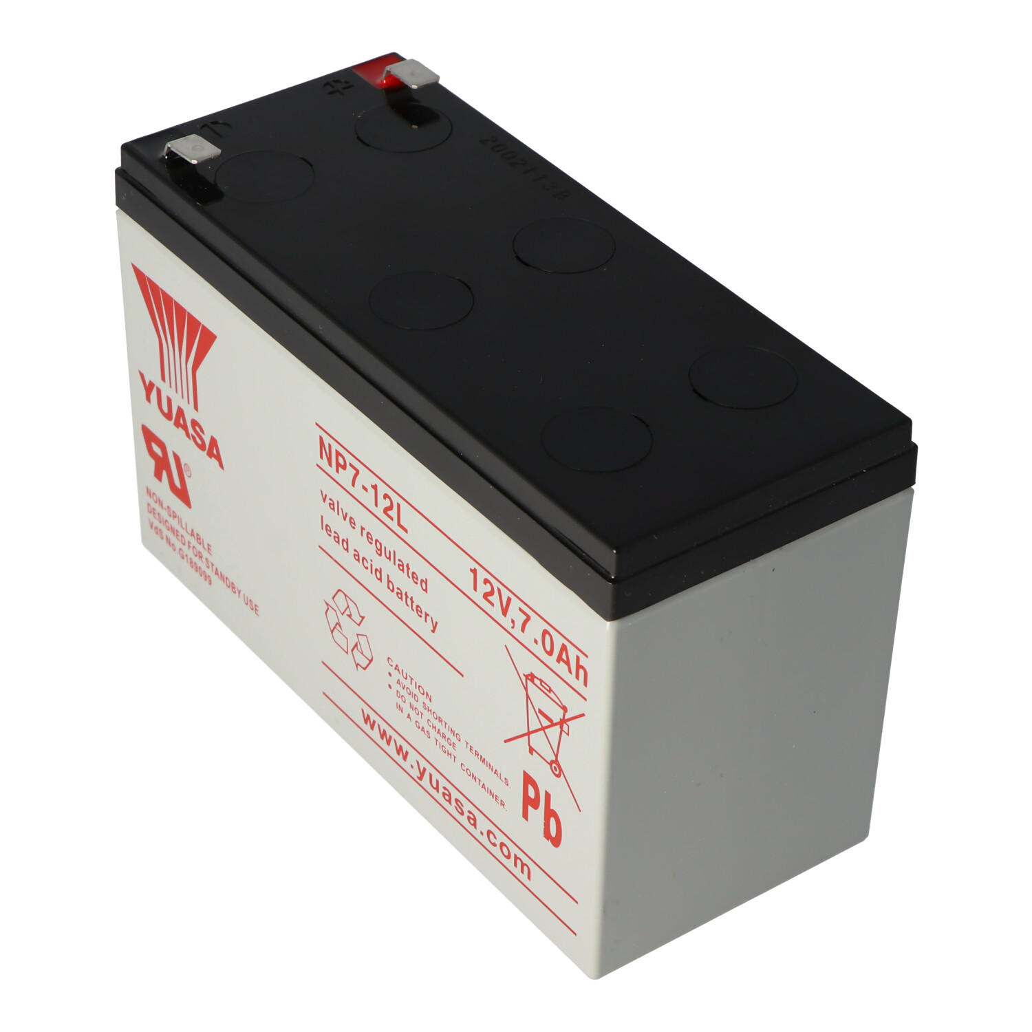 Eine Yuasa NP7-12L ventilregulierte Blei-Säure-Batterie, mit schwarzem Deckel und weißem Etikett.