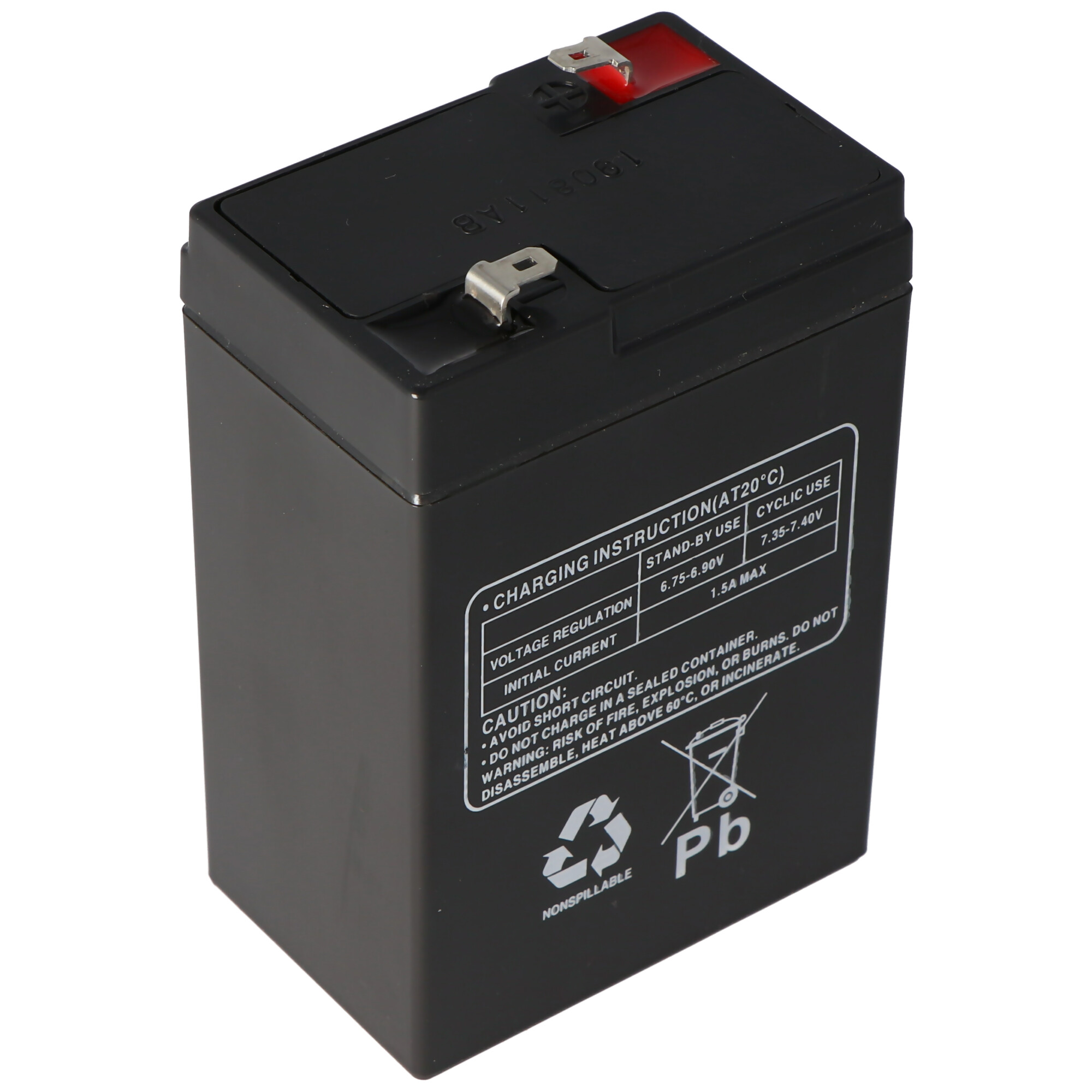 Schwarze rechteckige Batterie mit Text und Warnsymbolen.