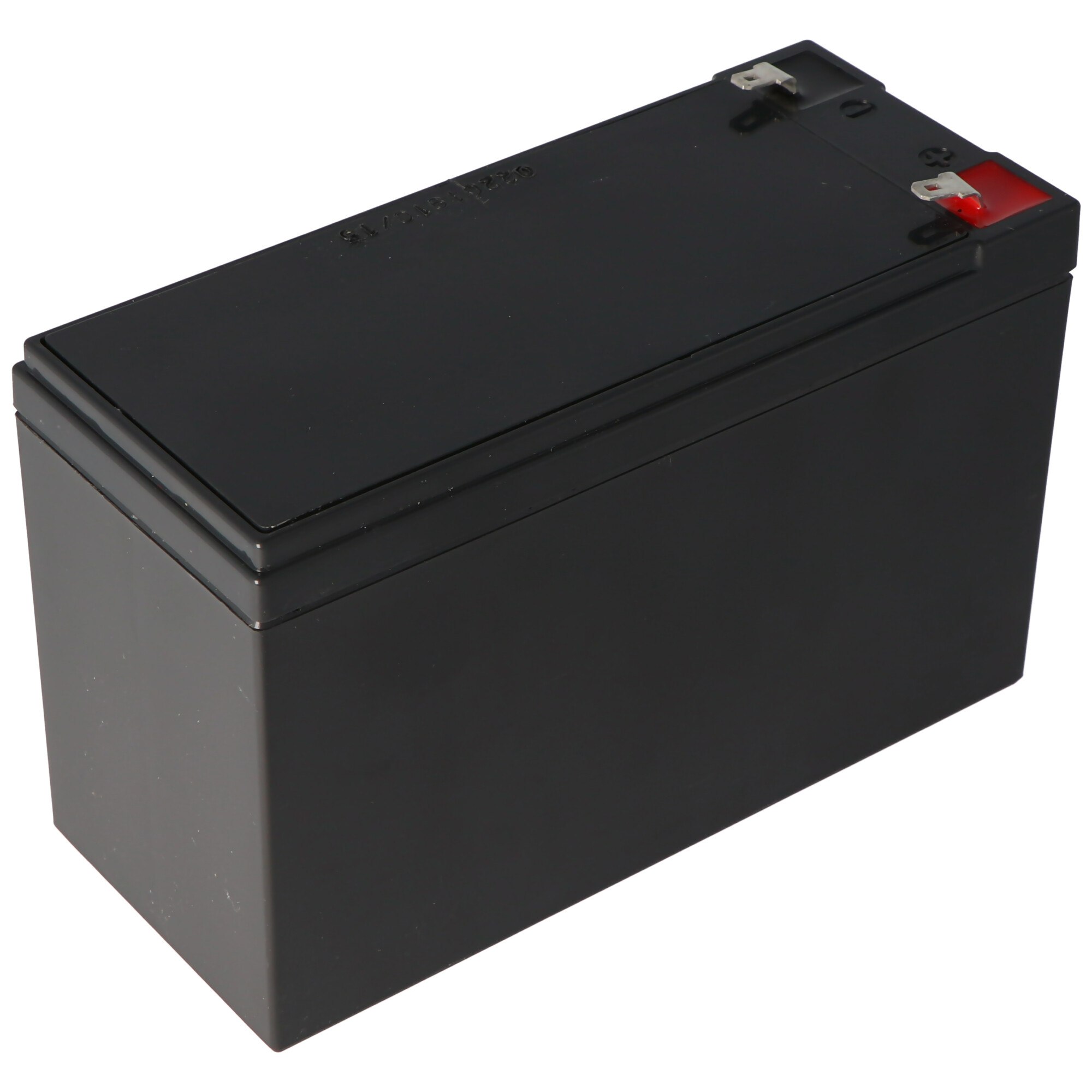 Black rectangular battery, with connectors on top, isolated on white.