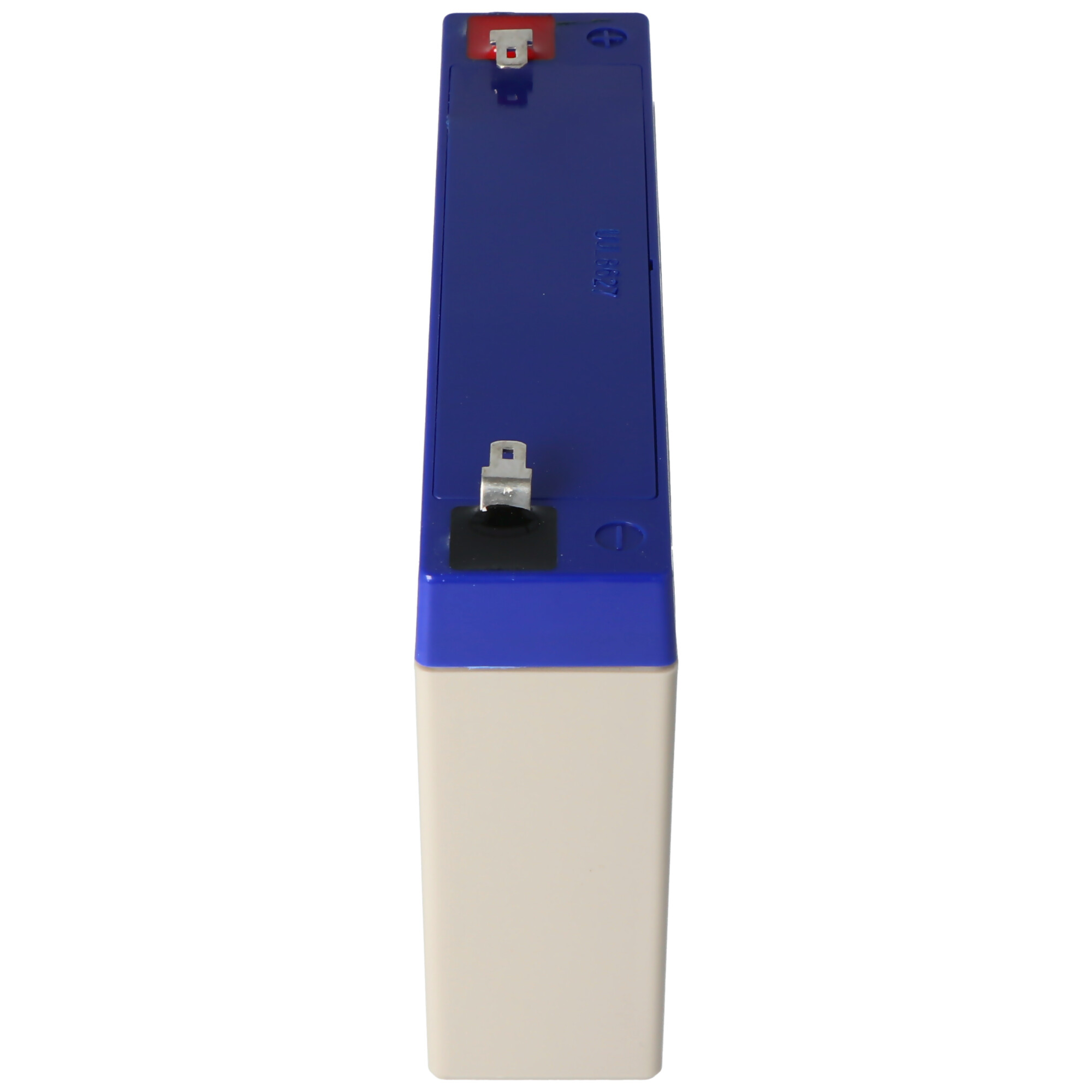 Eine blaue und beige Batterie. Sie ist rechteckig.