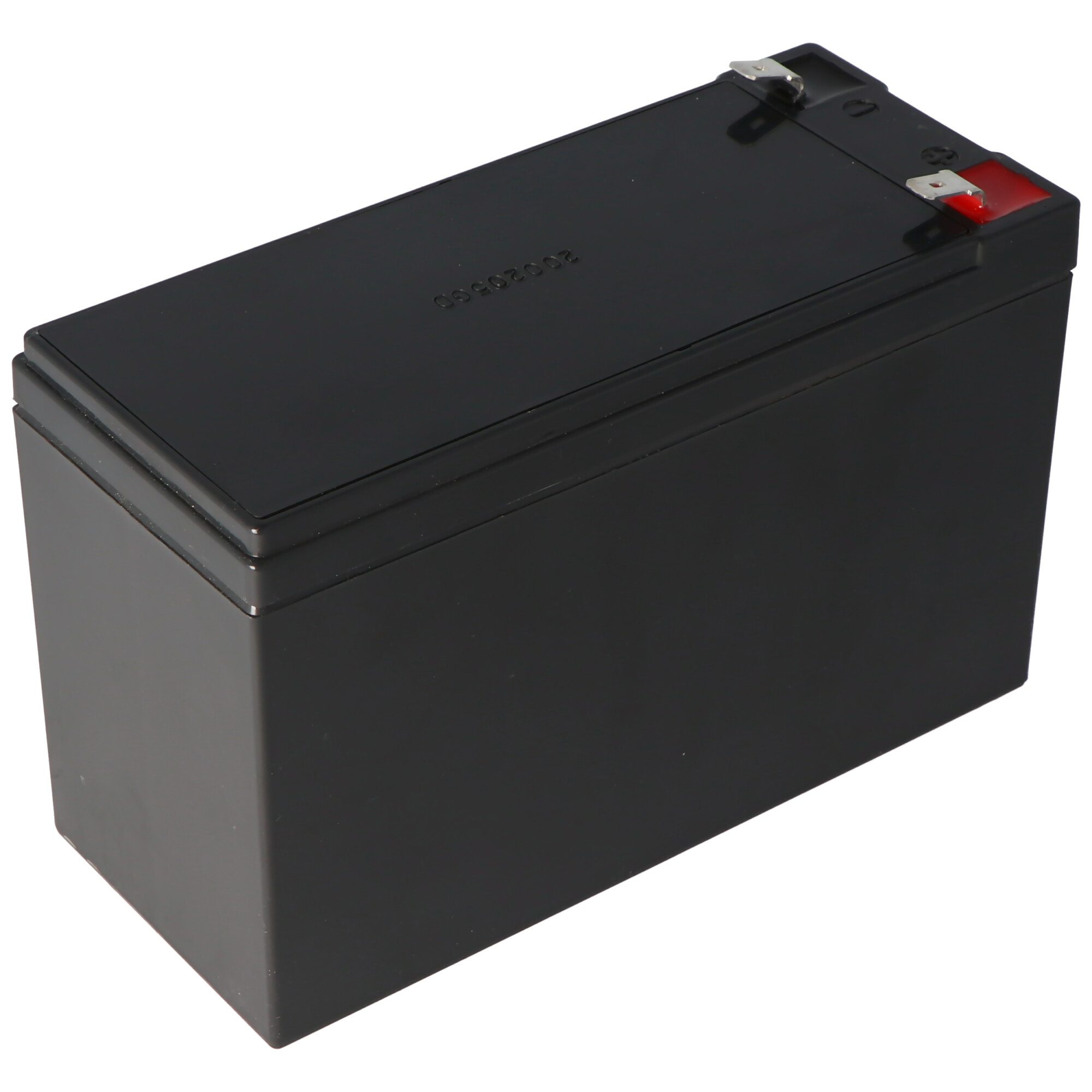 Schwarze rechteckige Batterie mit Anschlüssen oben. Weißer Hintergrund.