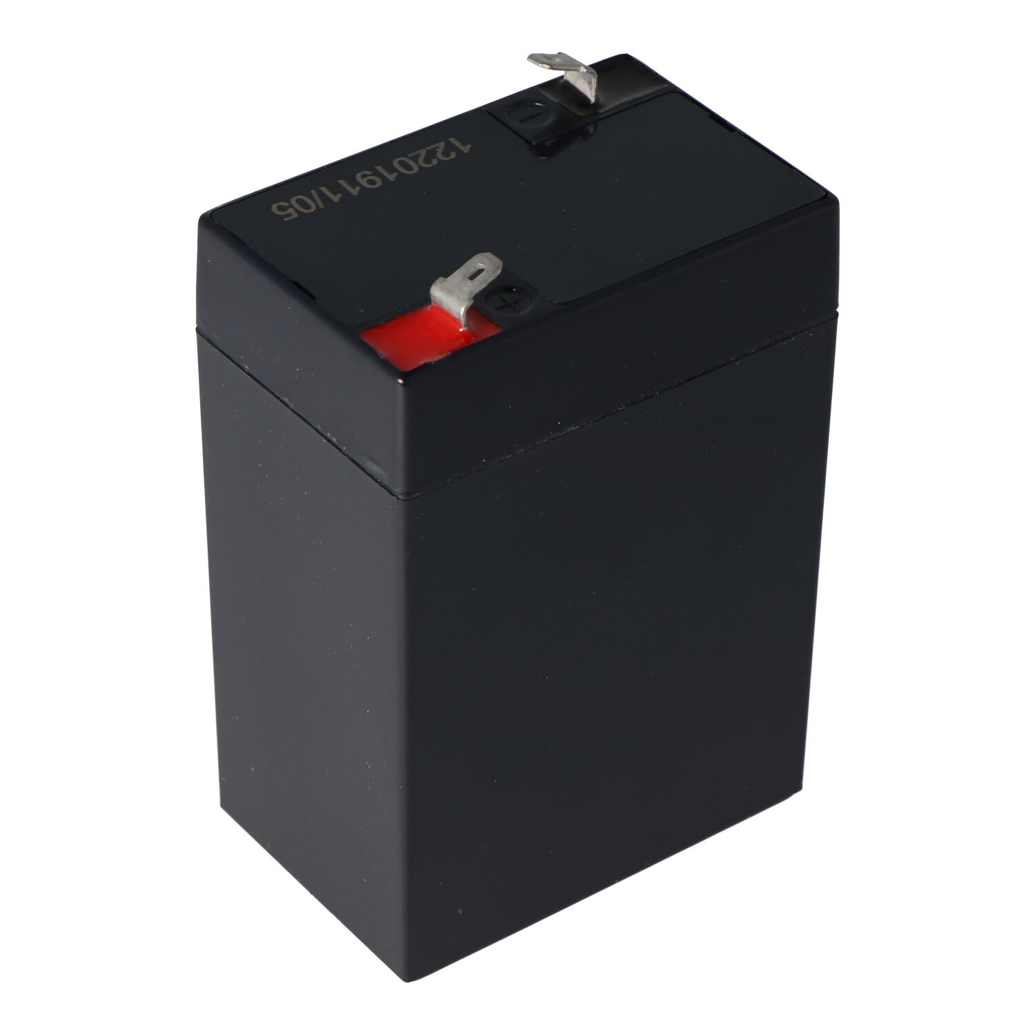 A black rectangular battery with red and silver terminals.