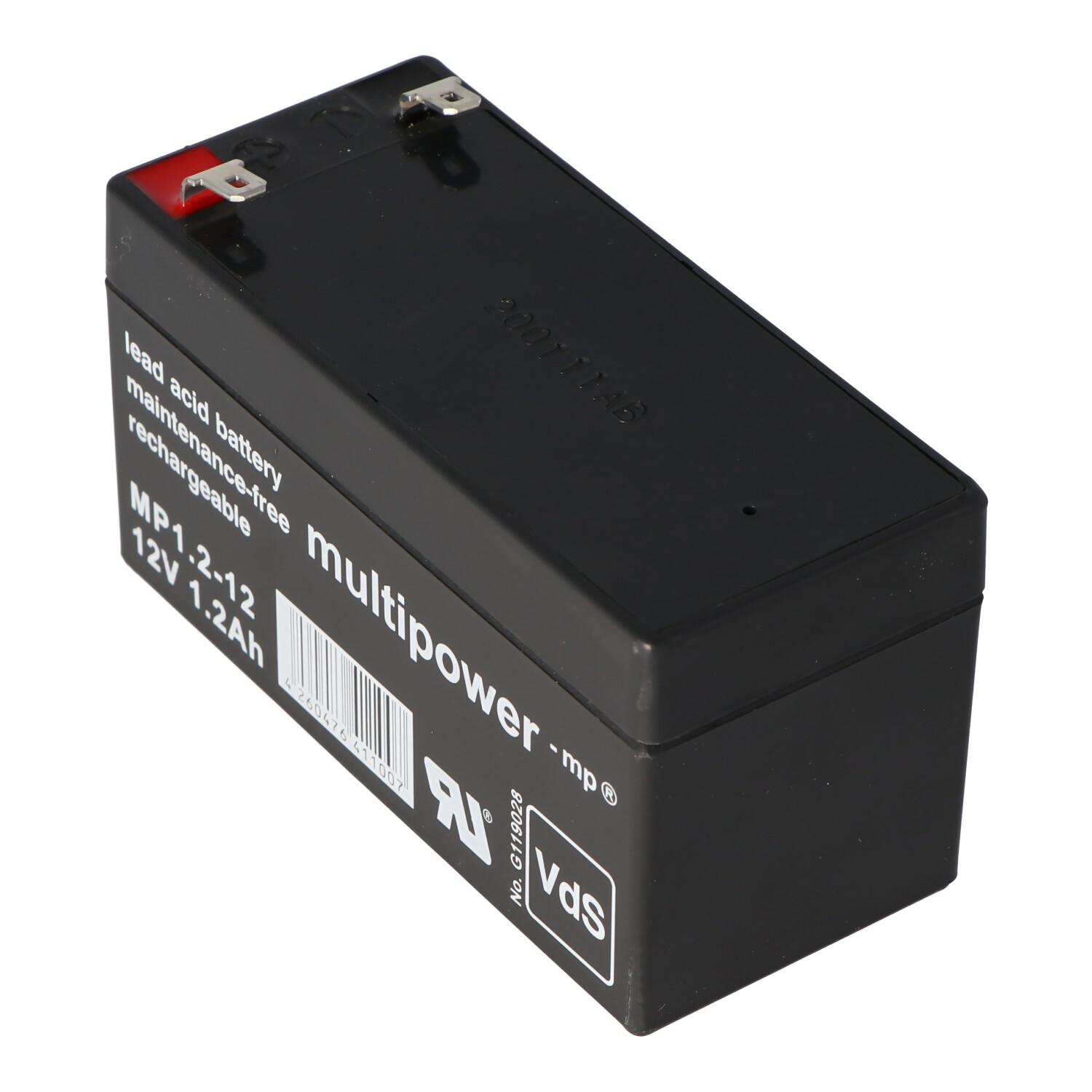 Schwarze rechteckige 12V 1,2Ah Batterie mit Etiketten und Anschlüssen oben.