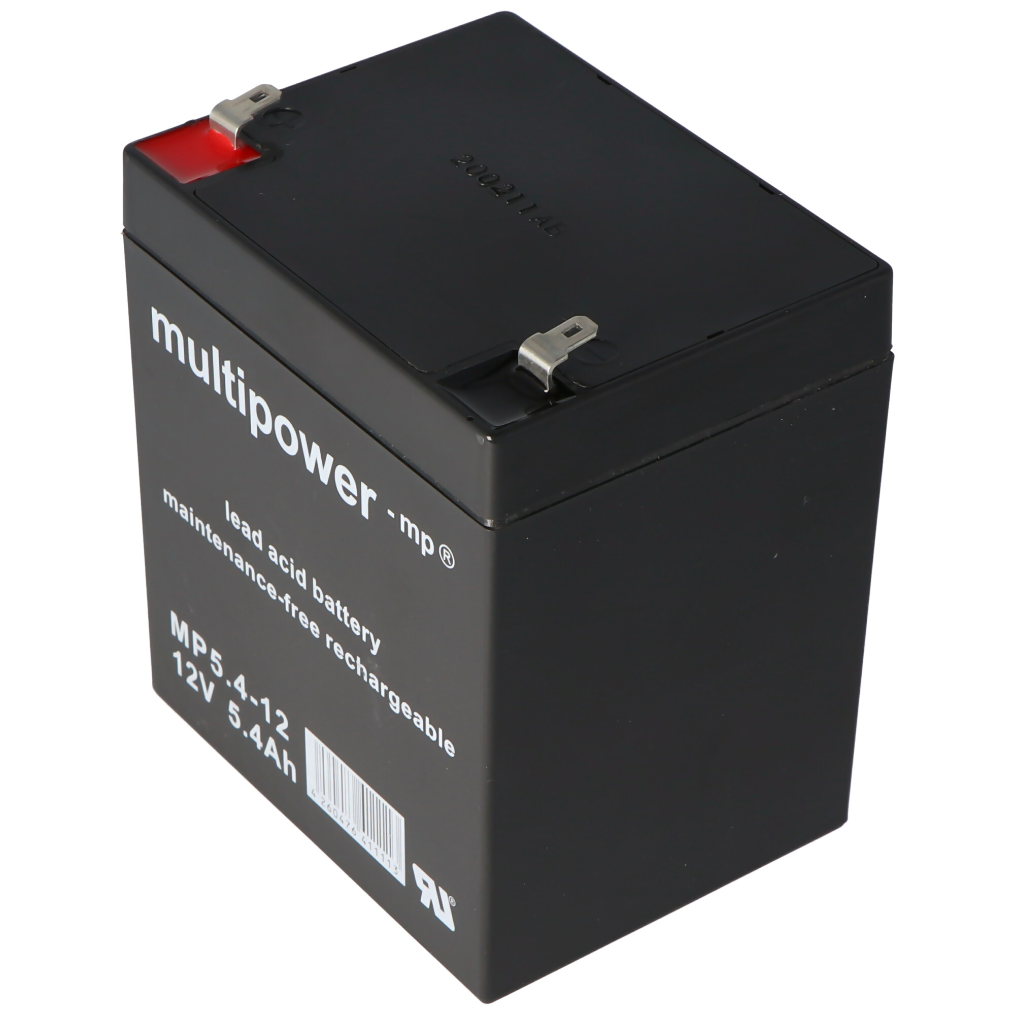 Eine schwarze, rechteckige Batterie mit weißem Text auf der Vorderseite. Ein roter Pluspol.