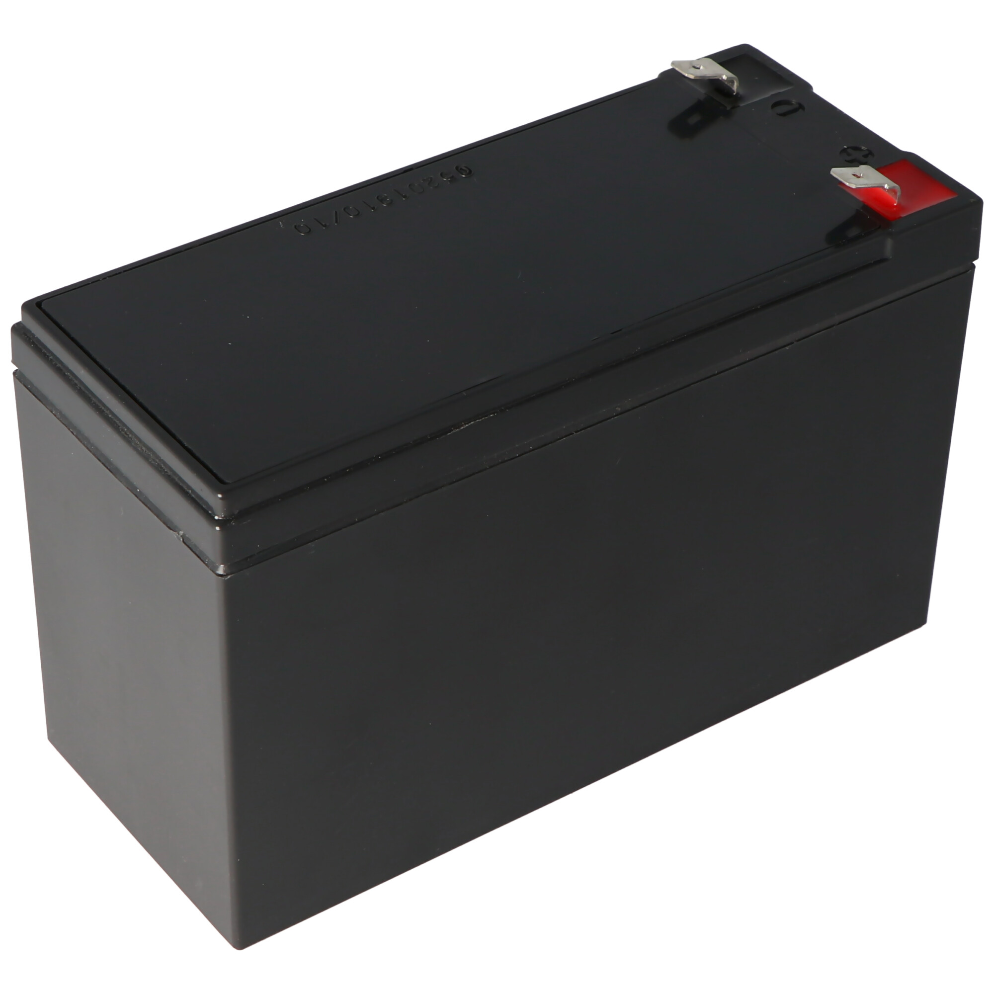 Black rectangular battery. It has two terminals and a black surface.