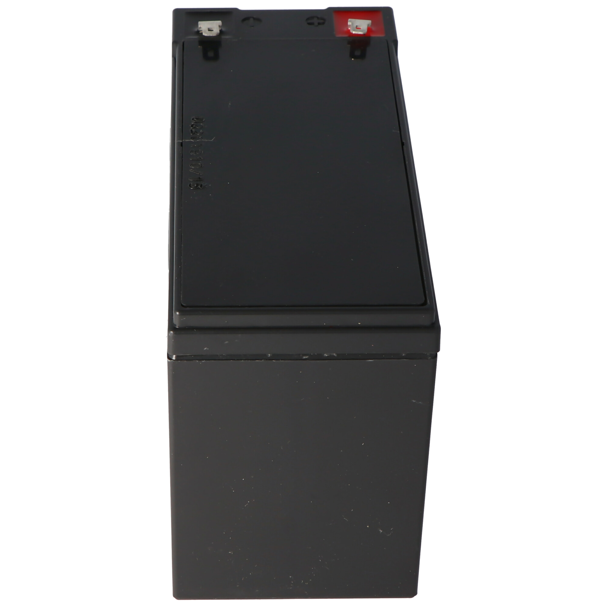 A black rectangular battery with two terminals on top, on a white surface.