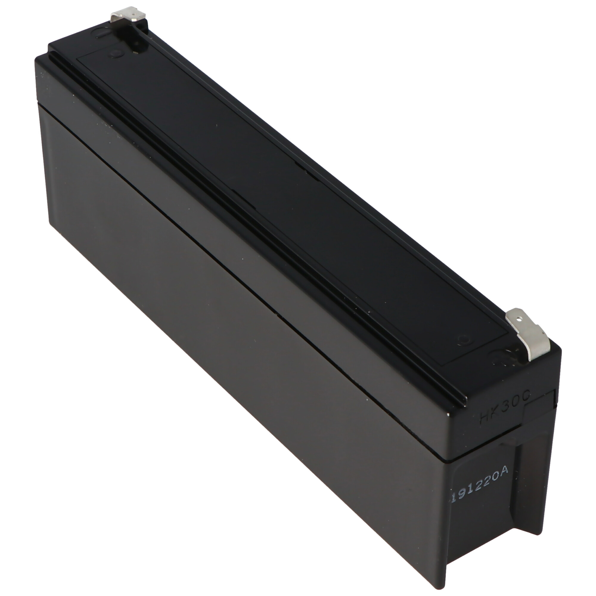 Schwarze rechteckige Batterie mit Anschlüssen oben. Weißer Hintergrund.