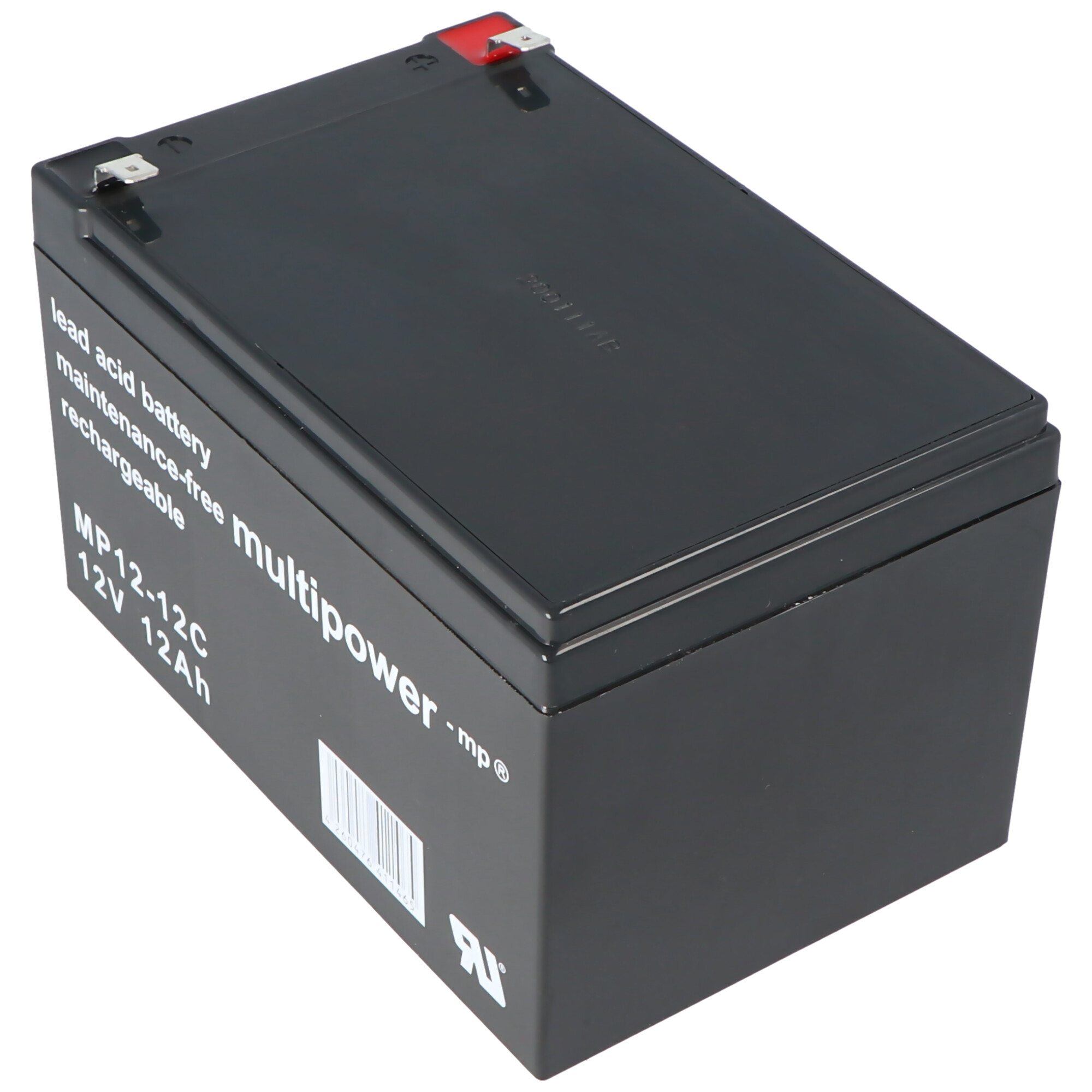 Schwarze Bleisäurebatterie mit weißem Text und Barcode, mit schwarzem Deckel.