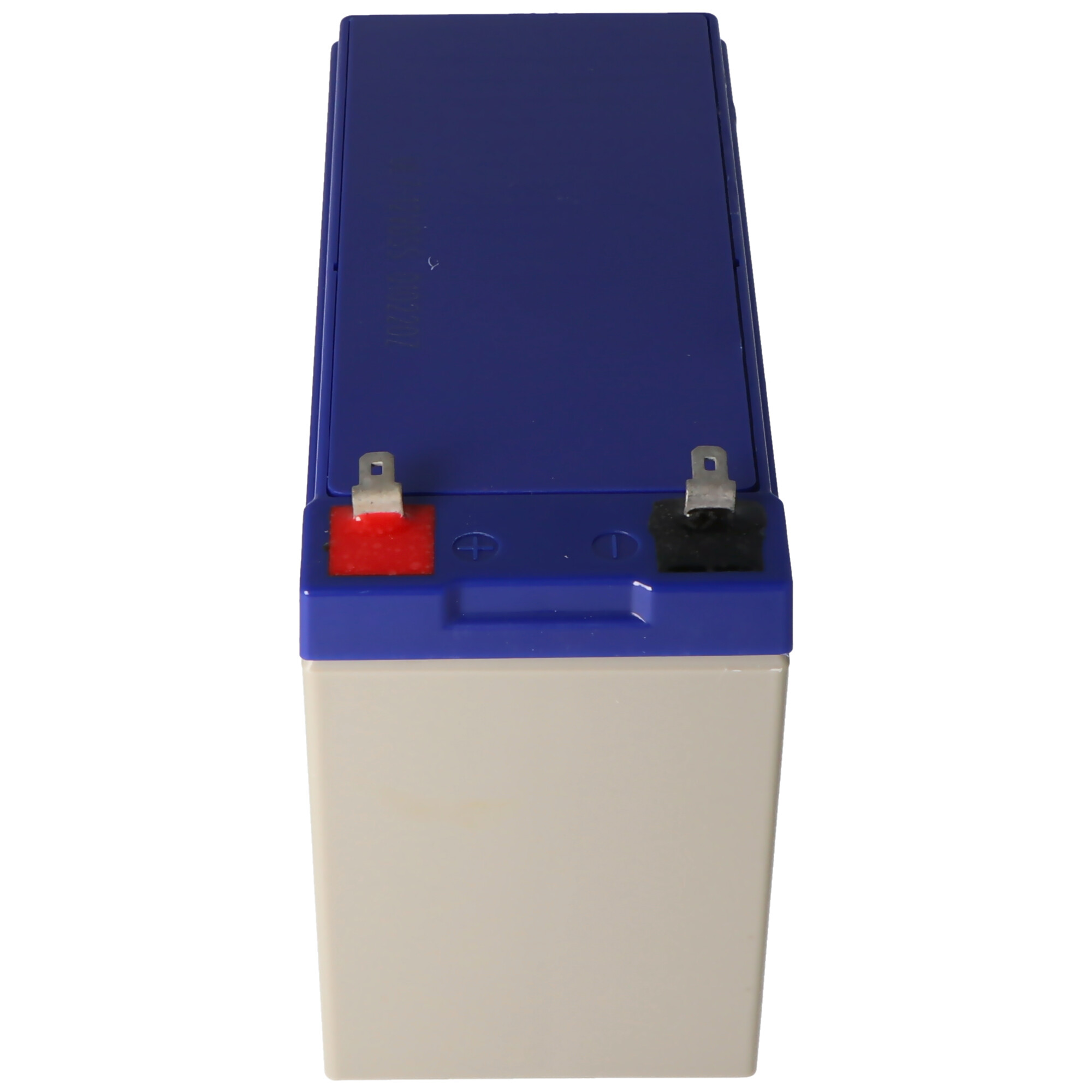 Blau-weiße Batterie. Die Oberseite ist blau und hat Anschlüsse.