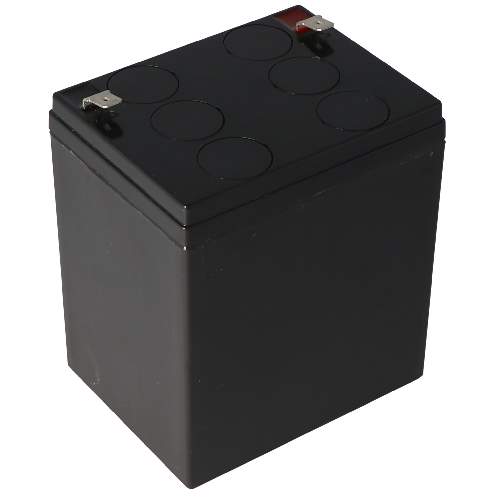 Eine schwarze rechteckige Batterie mit Anschlüssen oben. Es ist eine versiegelte Blei-Säure-Batterie.